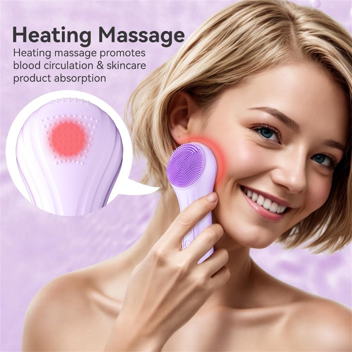 Eine Frau benutzt eine Gesichtsreinigungsbürste, mit einem roten Licht, das Massage anzeigt.