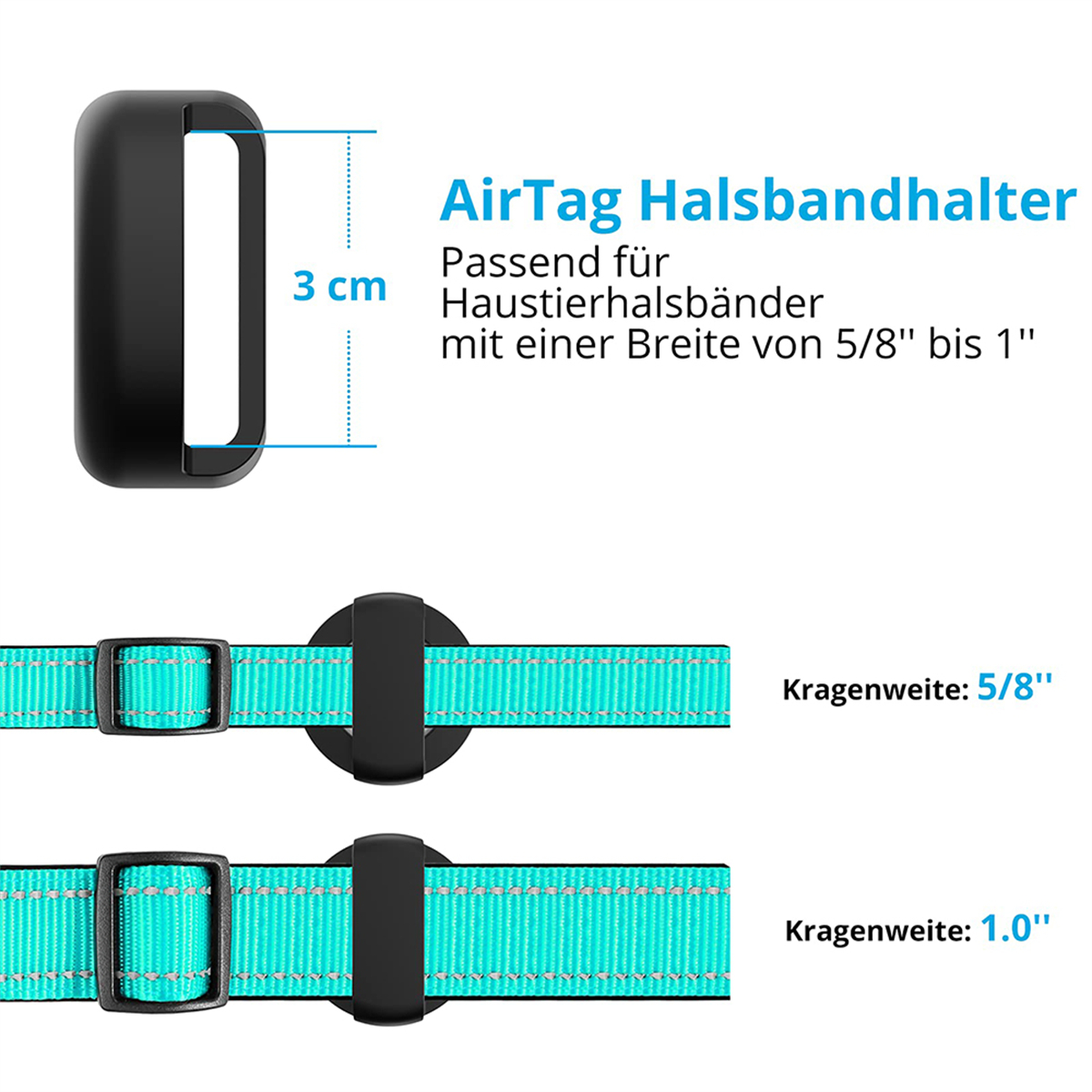 AirTag-Halsbandhalter mit Halsbandriemen. Das Halsband ist 5/8" und 1,0" breit.