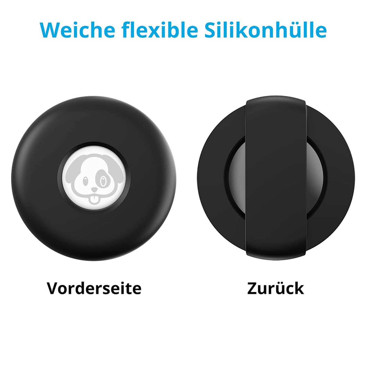 Zwei schwarze Silikonhüllen für ein Gerät, die Vorder- und Rückseite mit Logo zeigen.