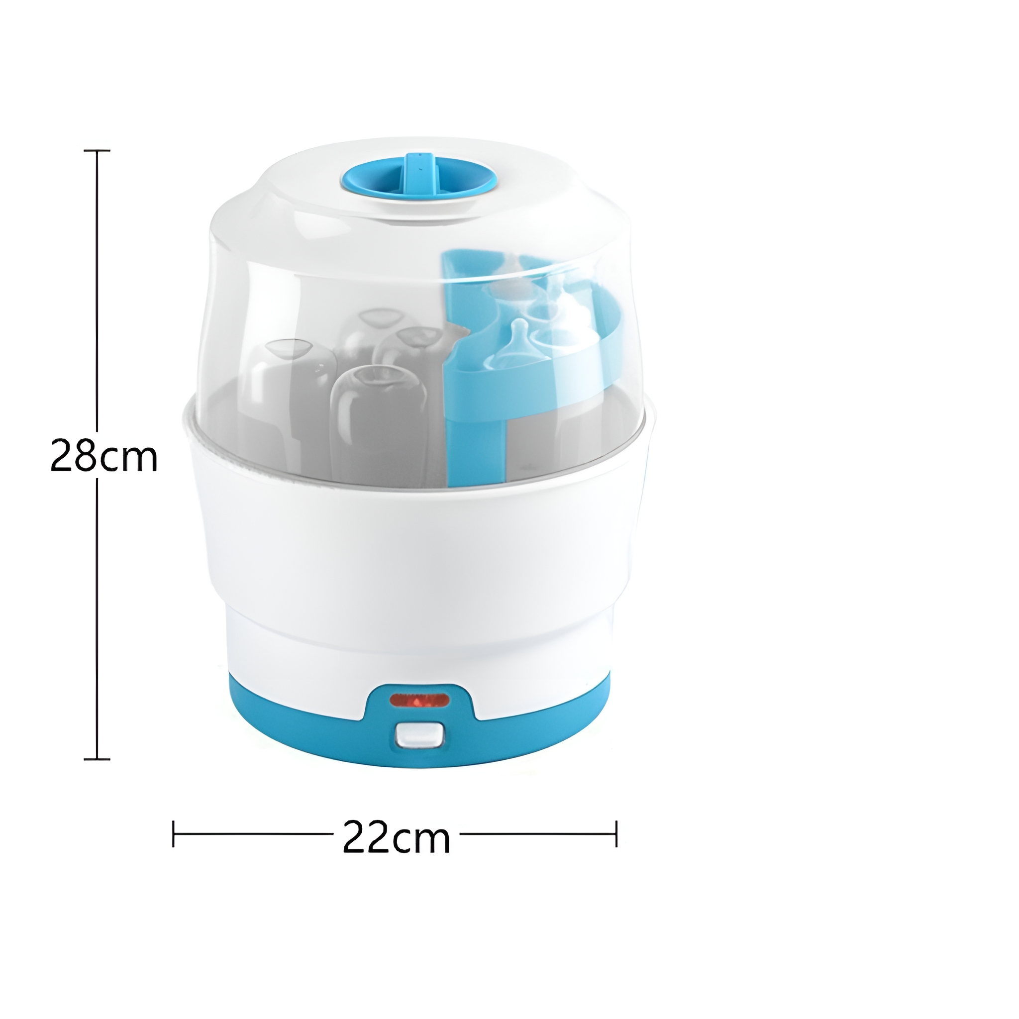 Weiß-blauer Babyflaschensterilisator. Abmessungen: 28cm Höhe und 22cm Breite. Weißer Hintergrund.