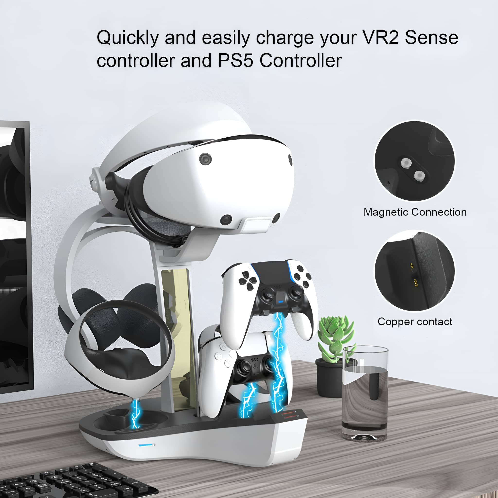 Ein VR-Headset und Controller auf einer Ladestation, mit Text über das Laden und die magnetische Verbindung.