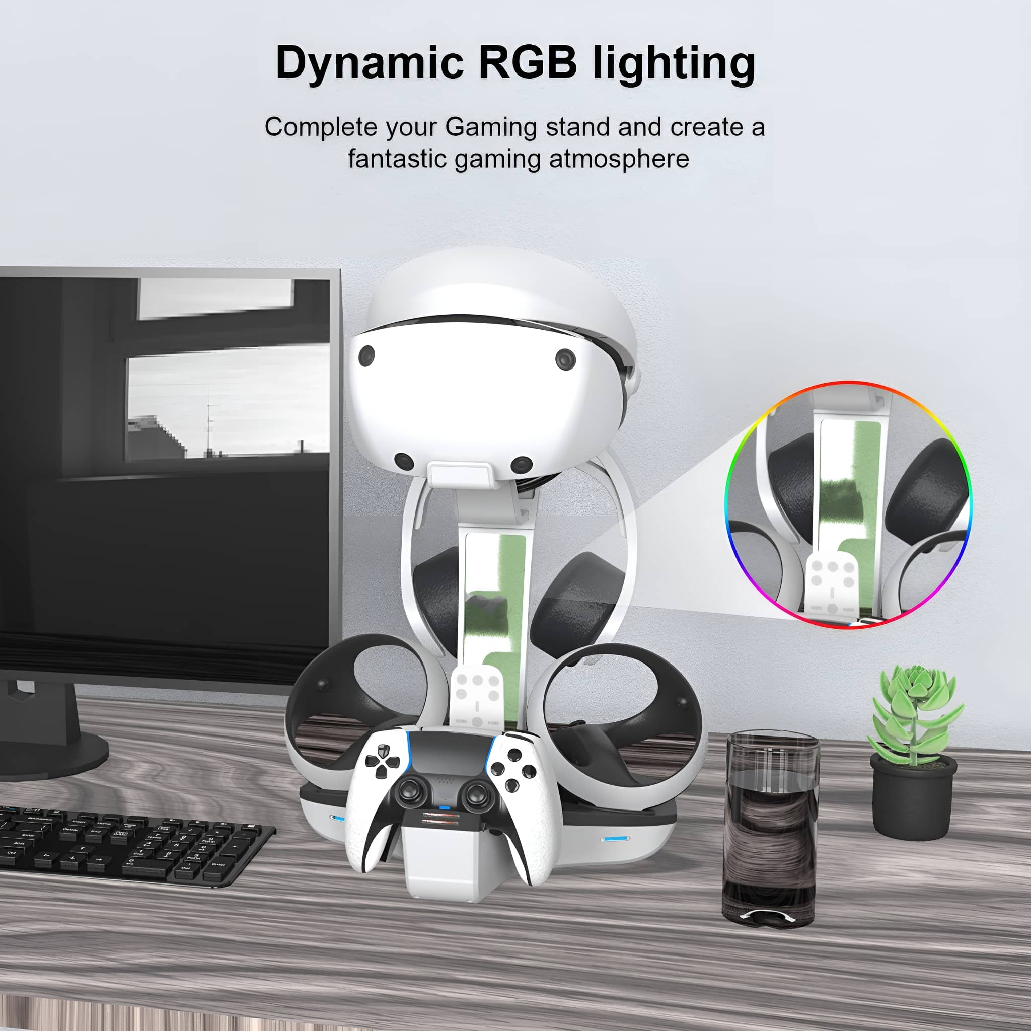 Ein Gaming-Ständer mit Headset, Controller und einer kleinen Pflanze auf einem Tisch.