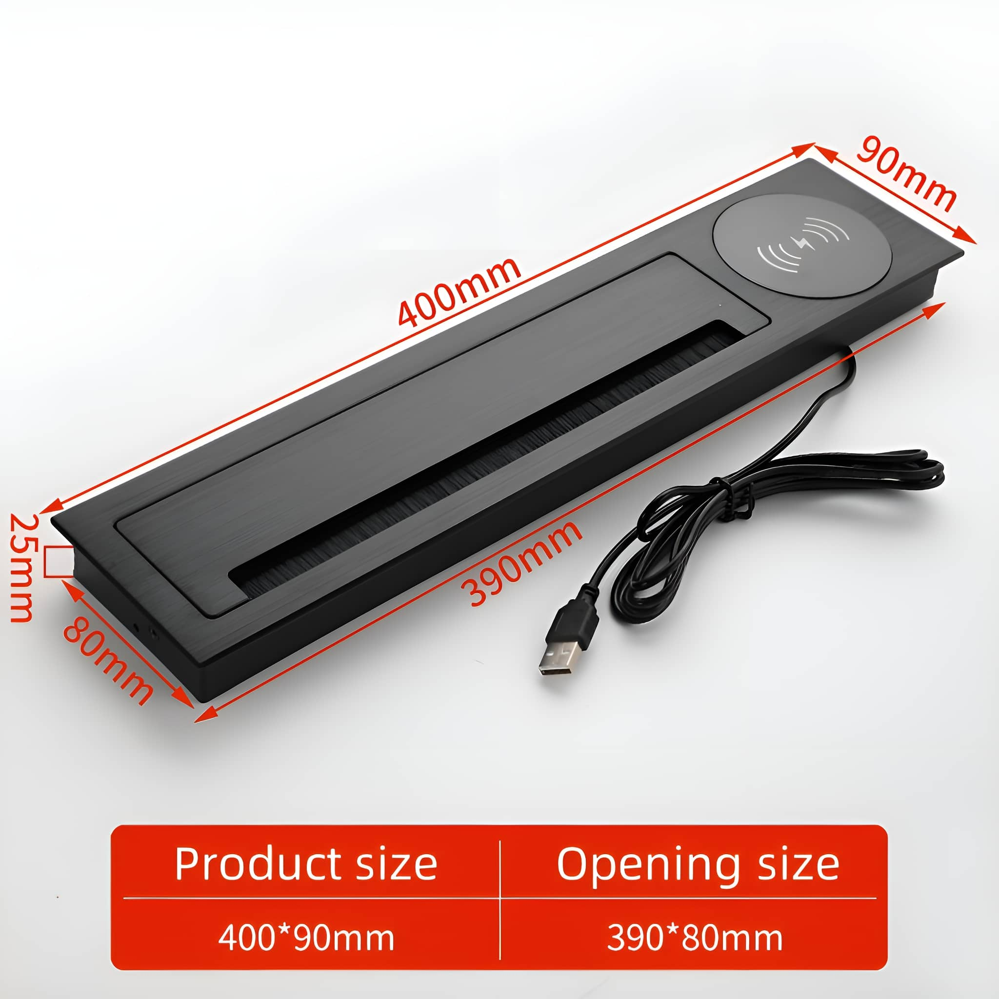 Schwarzer Kabelorganisator für den Schreibtisch. Er hat ein USB-Kabel und misst 400 mm x 90 mm.