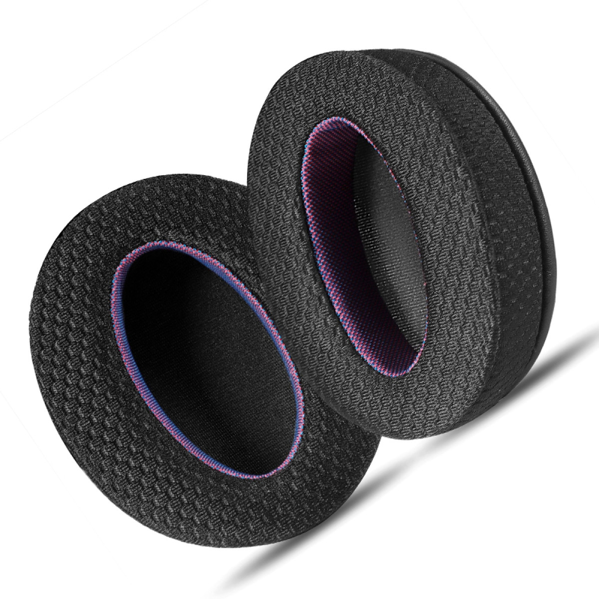 Dwie czarne nausznice o tkanej fakturze, niebieskiej i różowej obwódce.
