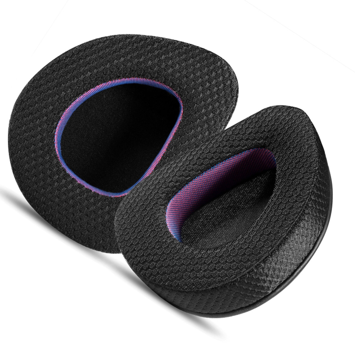 Dwie czarne poduszki na uszy z niebieskimi i różowymi pierścieniami.