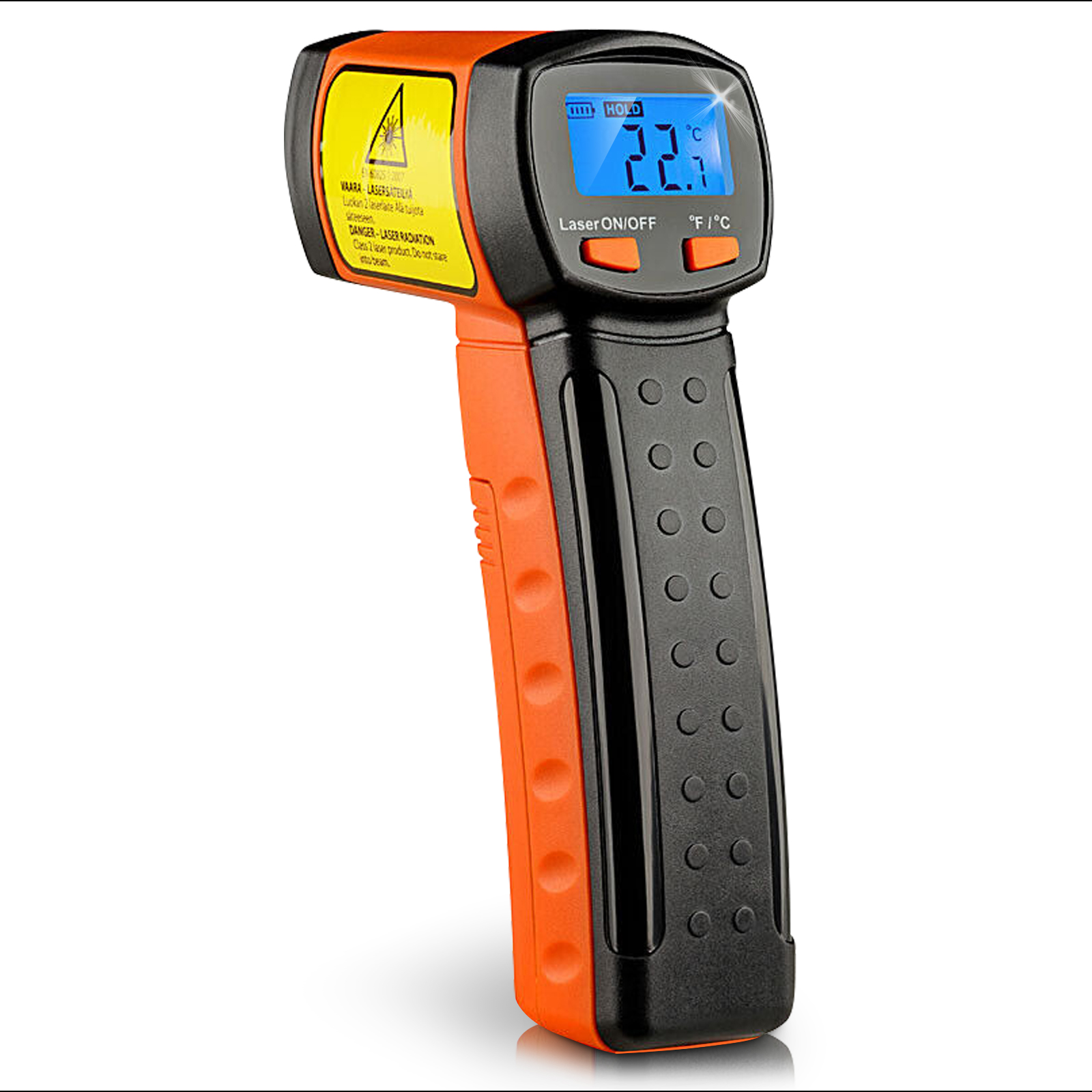 Oranges und schwarzes Laserthermometer mit Anzeige von 22,1°C.