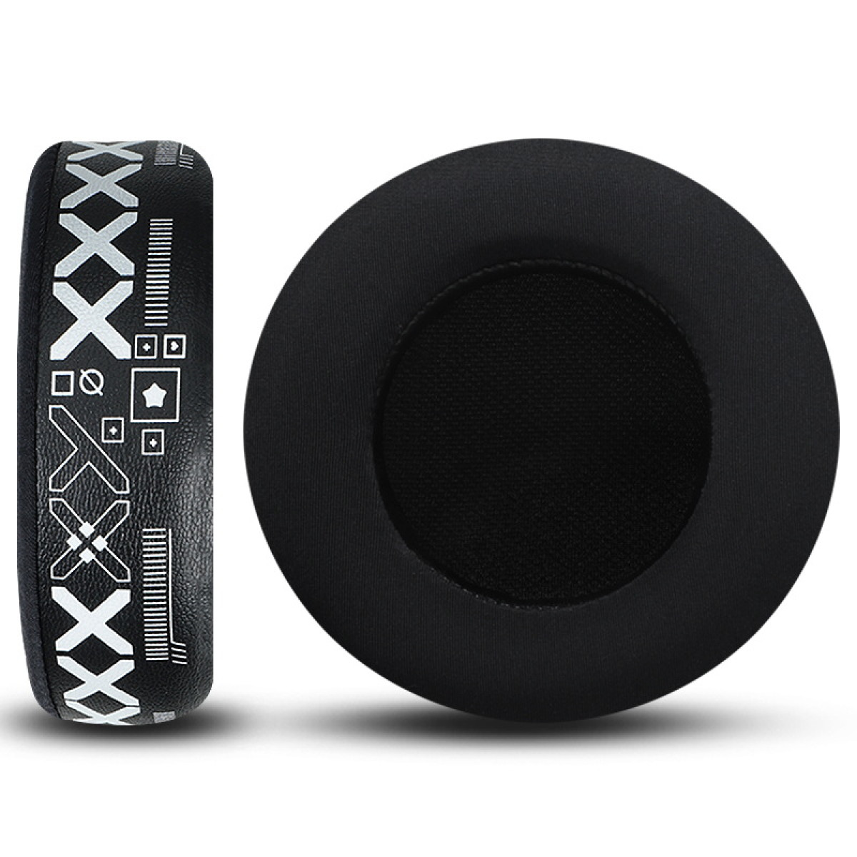 Nauszniki, jeden pokazujący szczegóły boczne, a drugi płaski.