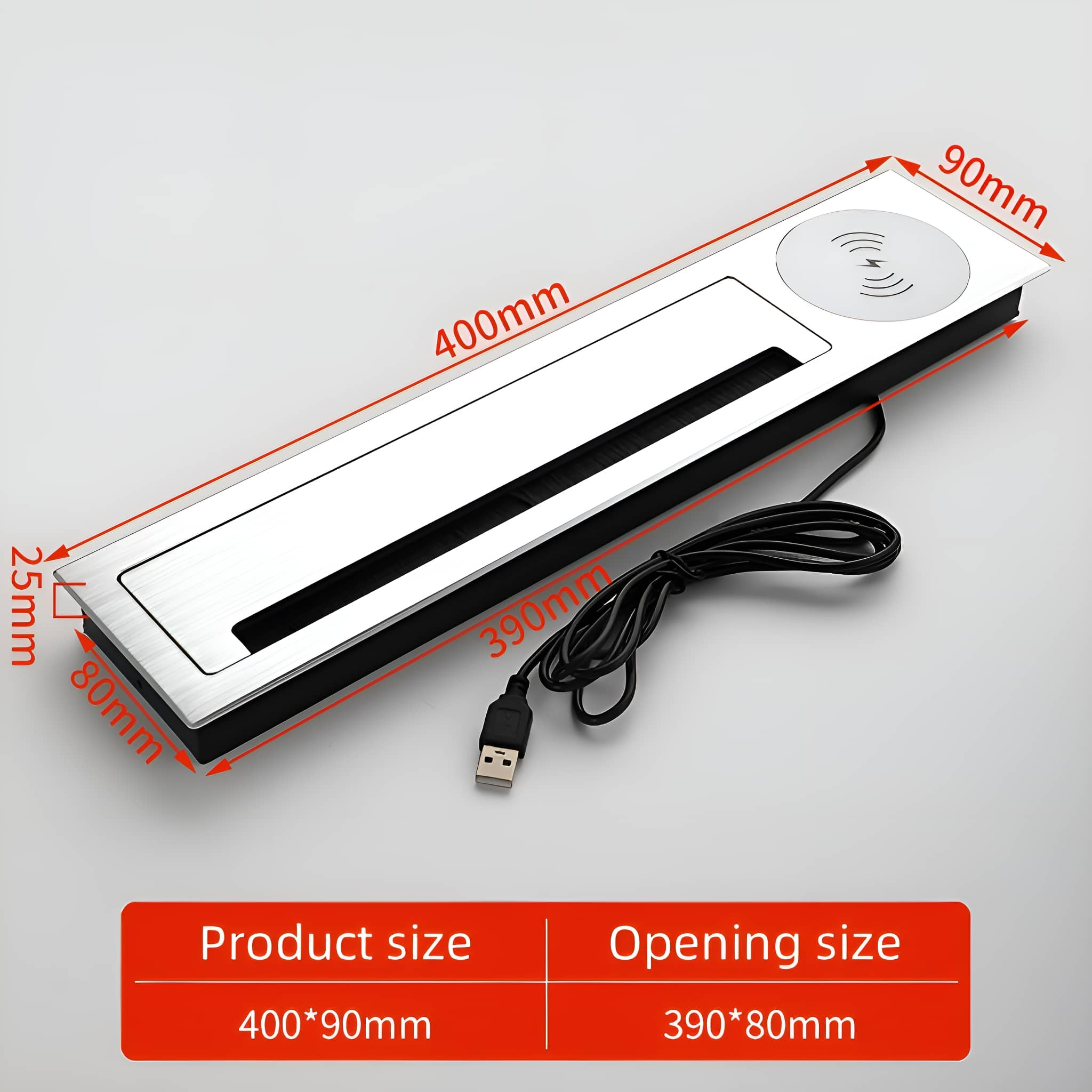 Rechteckiges Produkt mit Abmessungen, USB-Anschluss und kabellosem Ladesymbol.