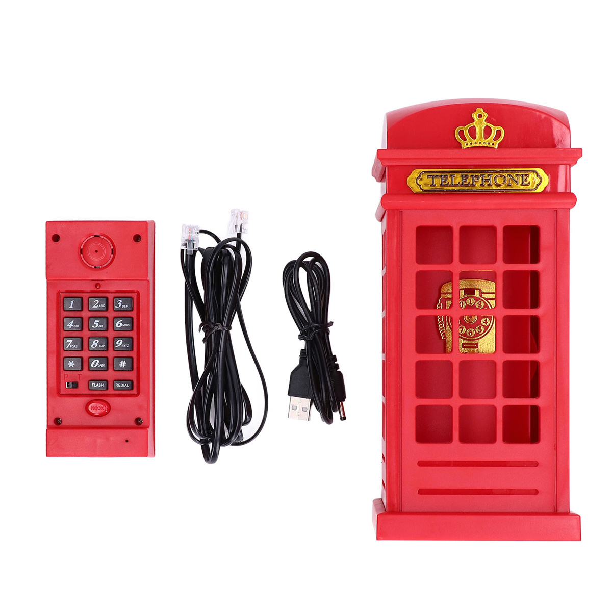 Rote Telefonzelle, Tastatur und Kabel. Die Zelle hat eine Krone und das Wort TELEFON.