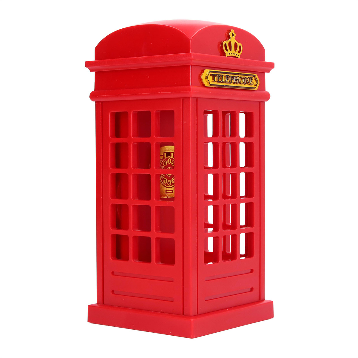 Eine rote Telefonzelle mit einer goldenen Krone oben, die auf einer weißen Oberfläche steht.