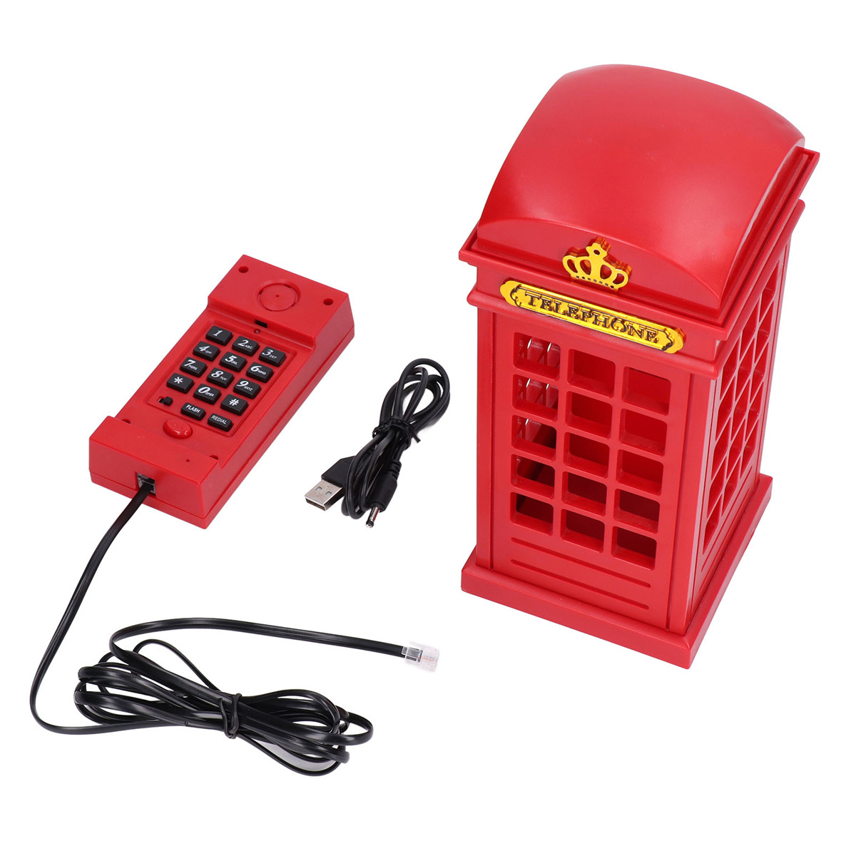 Roter Spielzeug-Telefonhäuschen mit Hörer und Kabeln. Eine Tastatur und ein USB-Kabel sind ebenfalls abgebildet.