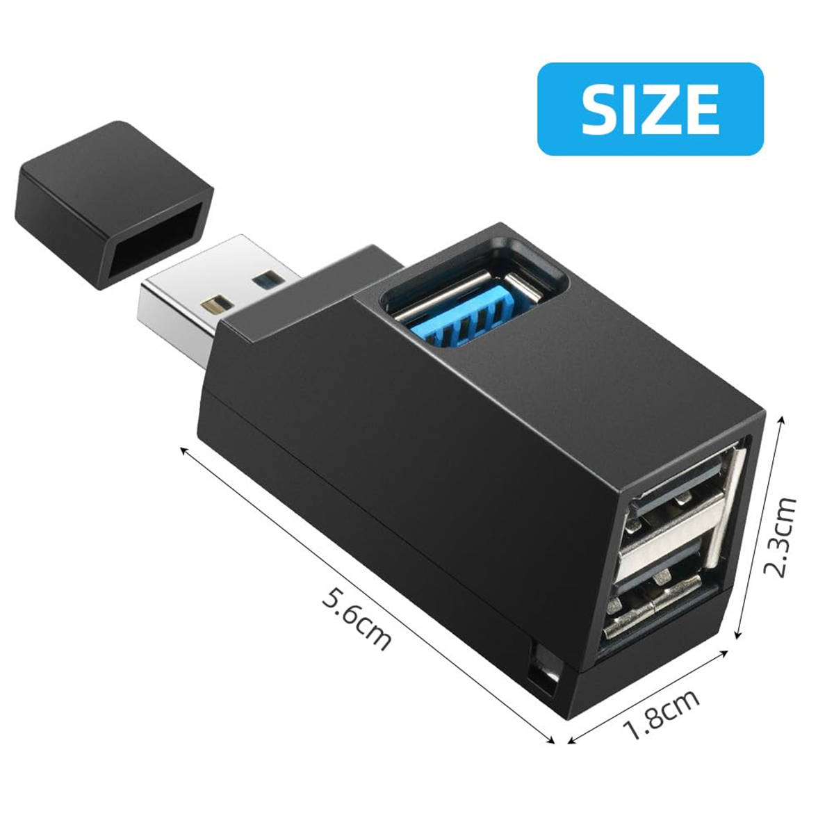 Ein schwarzer USB-Hub mit Abmessungen, mit einem USB-Stecker und einer Kappe.