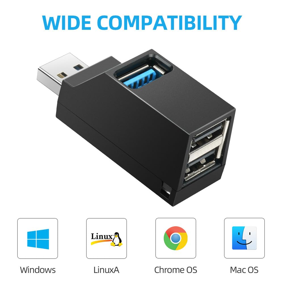 Schwarzer USB-Hub mit USB- und zwei USB-Anschlüssen. Symbole für Windows, Linux, Chrome OS und Mac OS darunter.