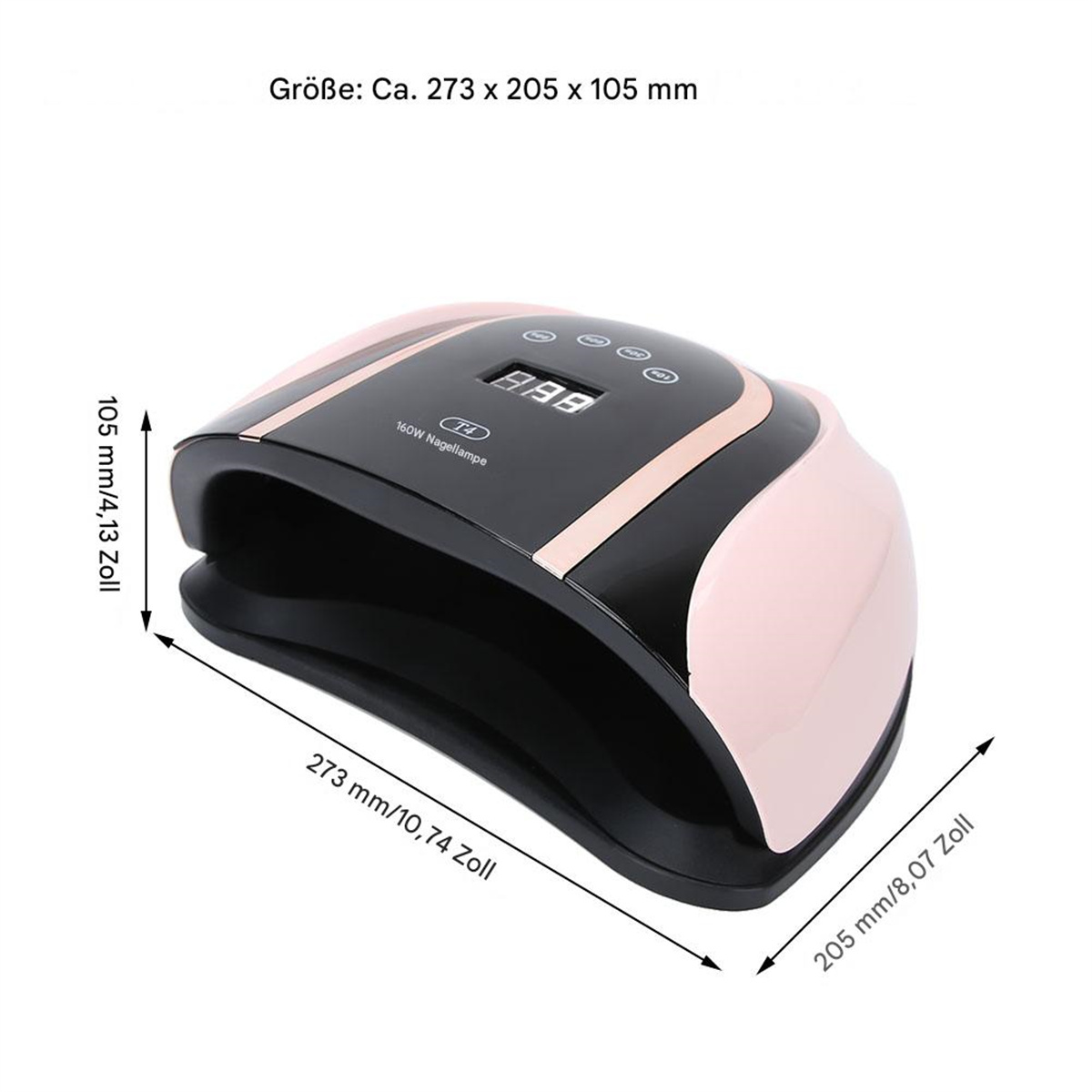 Eine rosa-schwarze Nagellampe mit Digitalanzeige und Knöpfen.