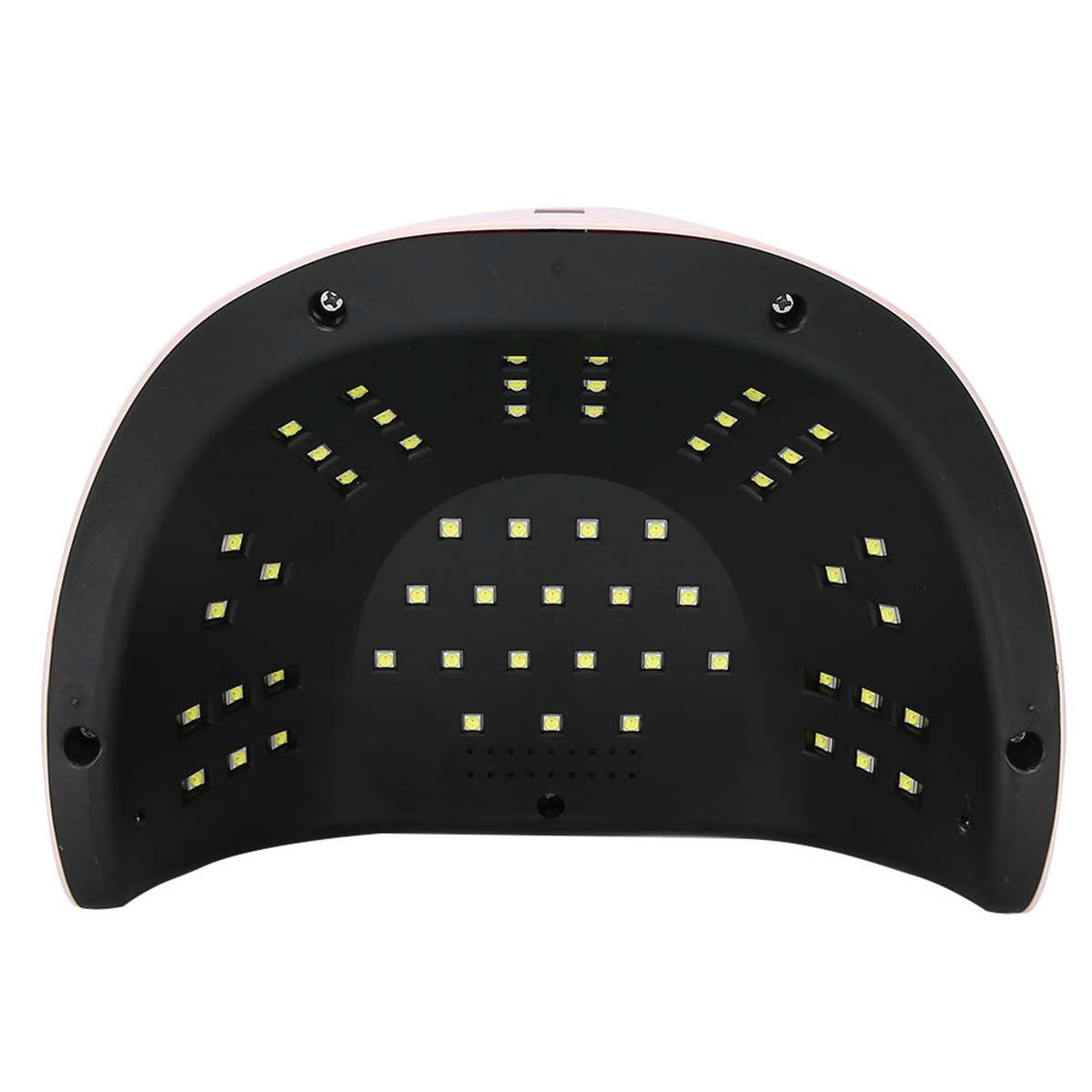 Eine rosa Nagellampe mit vielen LED-Leuchten im Inneren zum Aushärten von Gel-Nägeln. Sie ist eingeschaltet.
