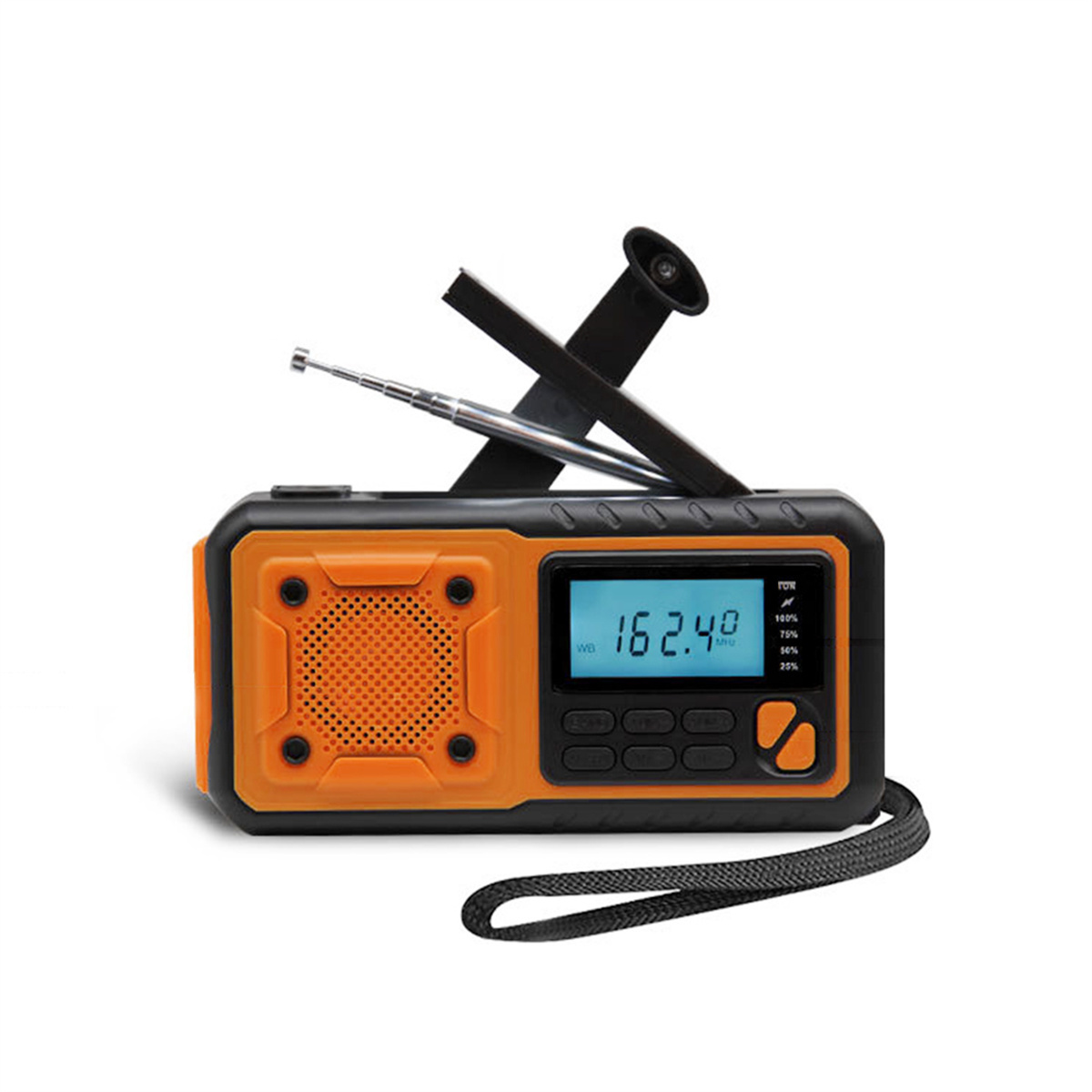 Oranges und schwarzes Radio mit Display und Antenne. Es hat einen Griff und Knöpfe. Der Hintergrund ist weiß.