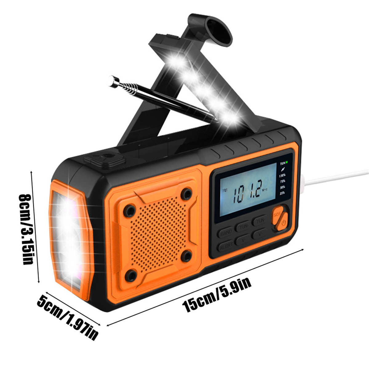 Orange-schwarzes Notfallradio mit Taschenlampe und Kurbel. Es hat ein digitales Display.