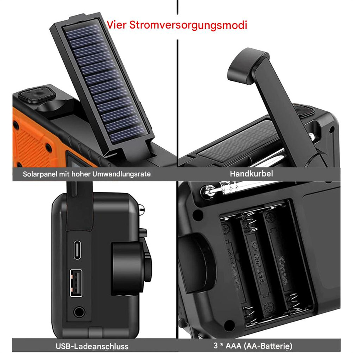 Ein Solar-Radio mit mehreren Modi, mit Solarpanel, Kurbel, USB-Anschluss und Batteriefach.