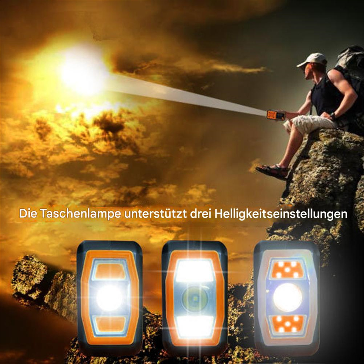 Ein Mann sitzt auf einem Felsen und leuchtet mit einer Taschenlampe. Drei Taschenlampen mit verschiedenen Einstellungen.