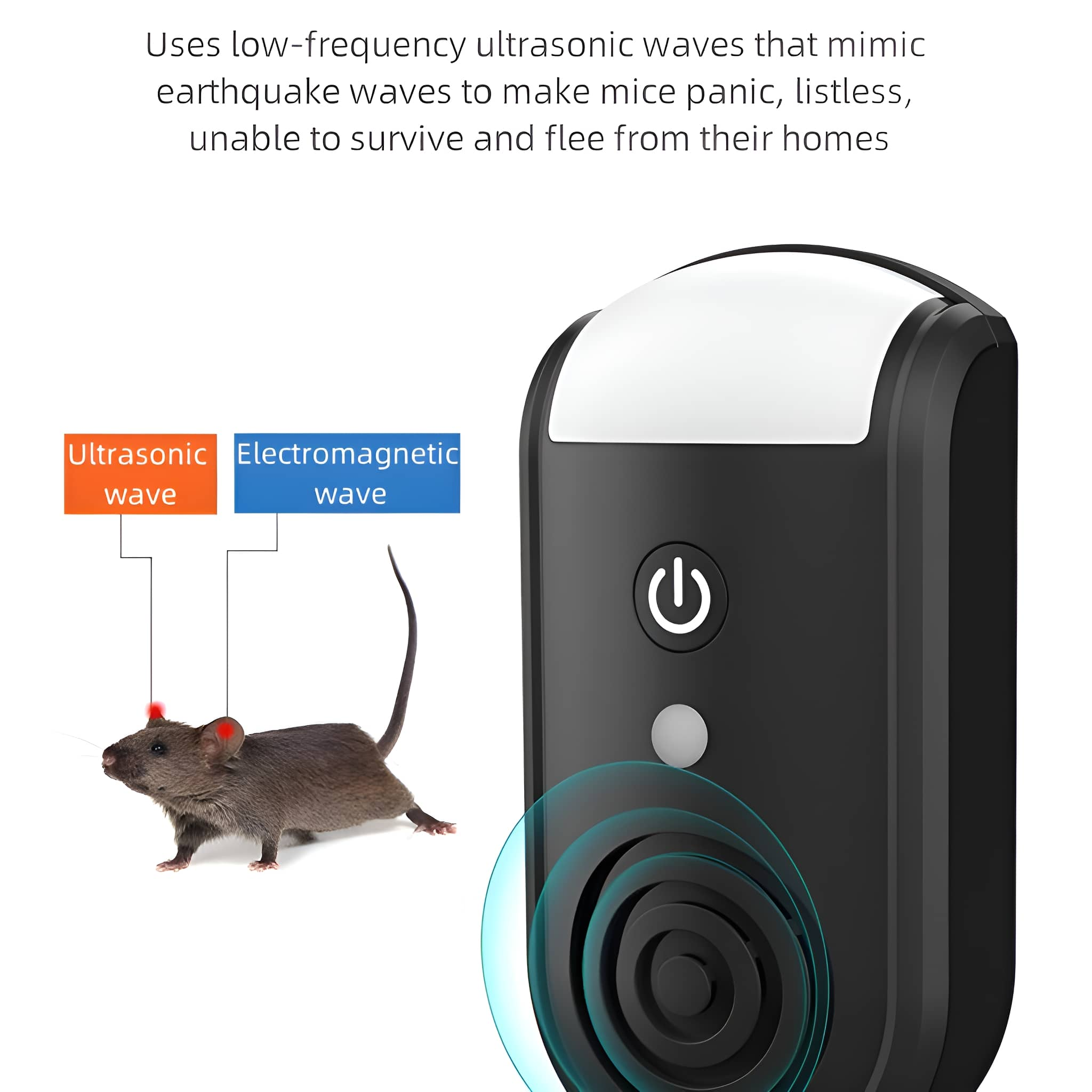 Schwarzes Gerät mit Maus, Text über Ultraschall- und elektromagnetische Wellen zur Mäuseabwehr. Ein/Aus-Taste.