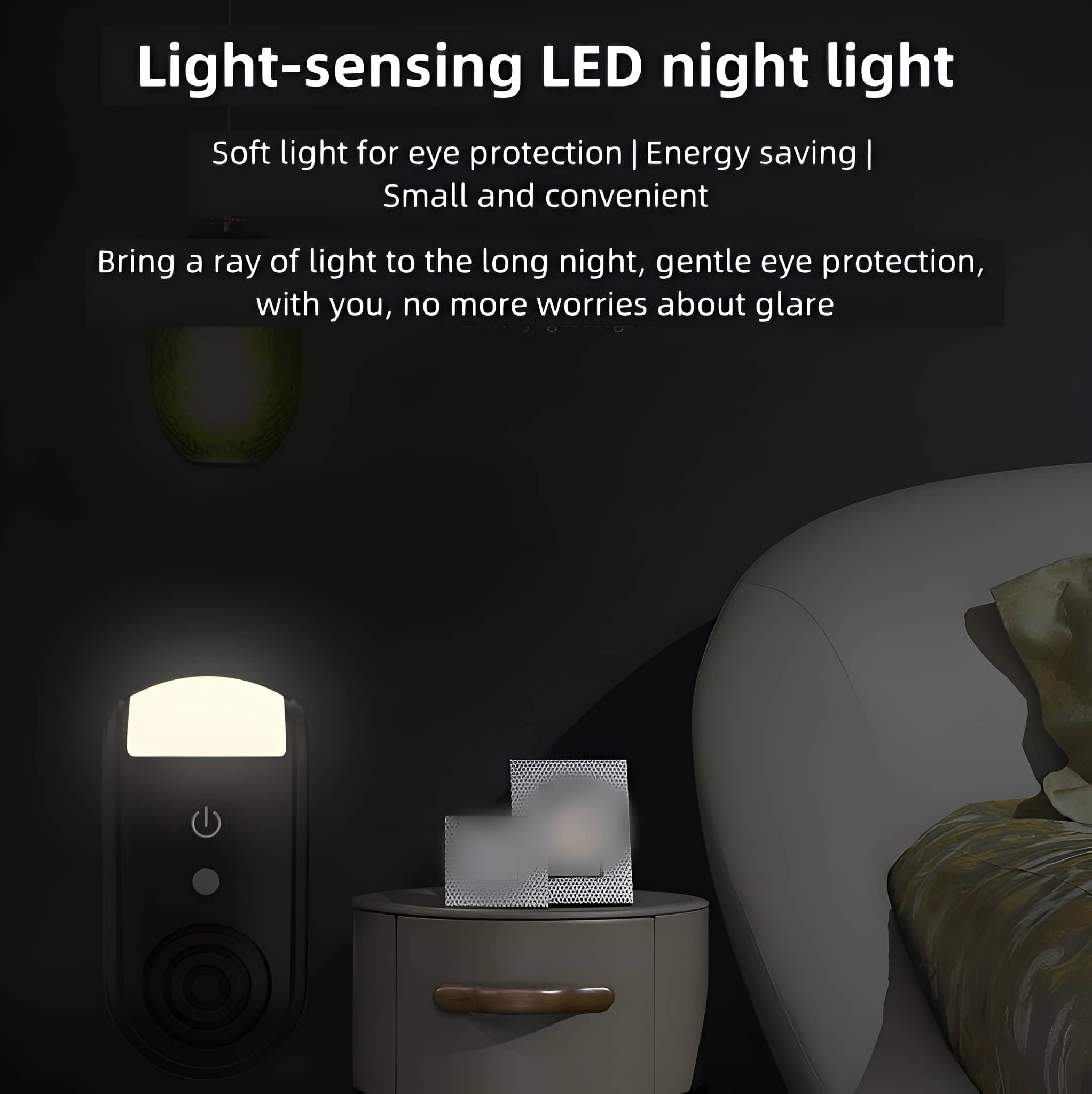 Ein Nachtlicht mit Knopf. Ein Nachttisch mit Lampe und Flasche.