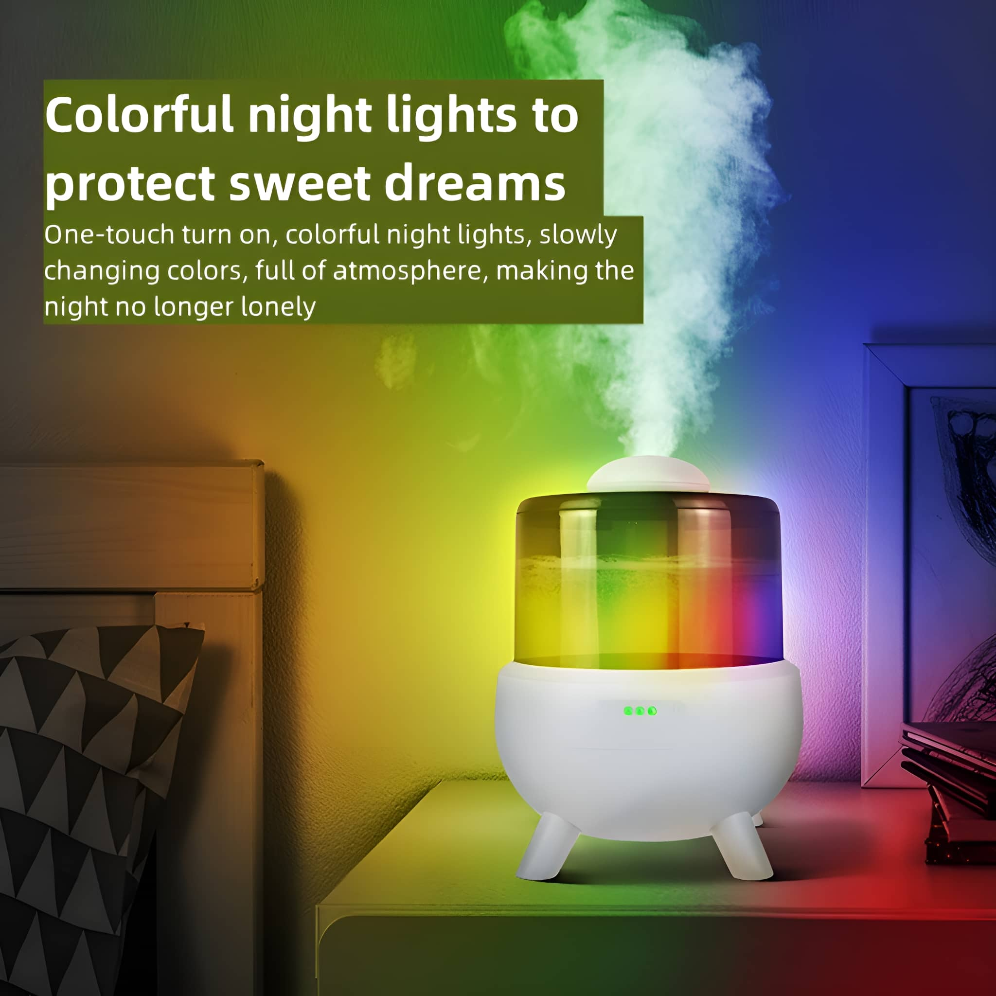 Weißer Luftbefeuchter mit bunten Lichtern und Nebel. Text über das Schützen von Träumen.