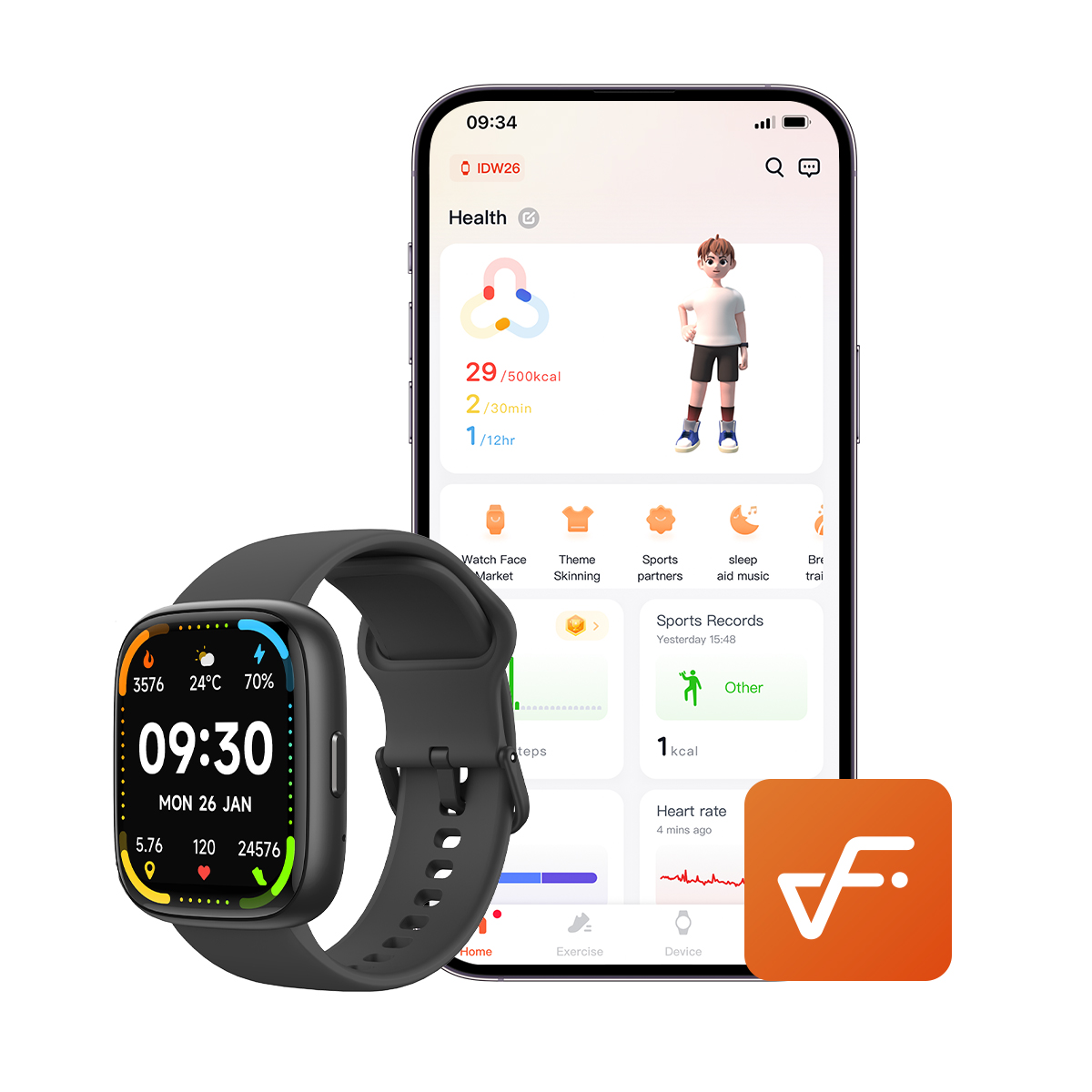 Smartwatch with screen showing time and health data next to a smartphone with app.