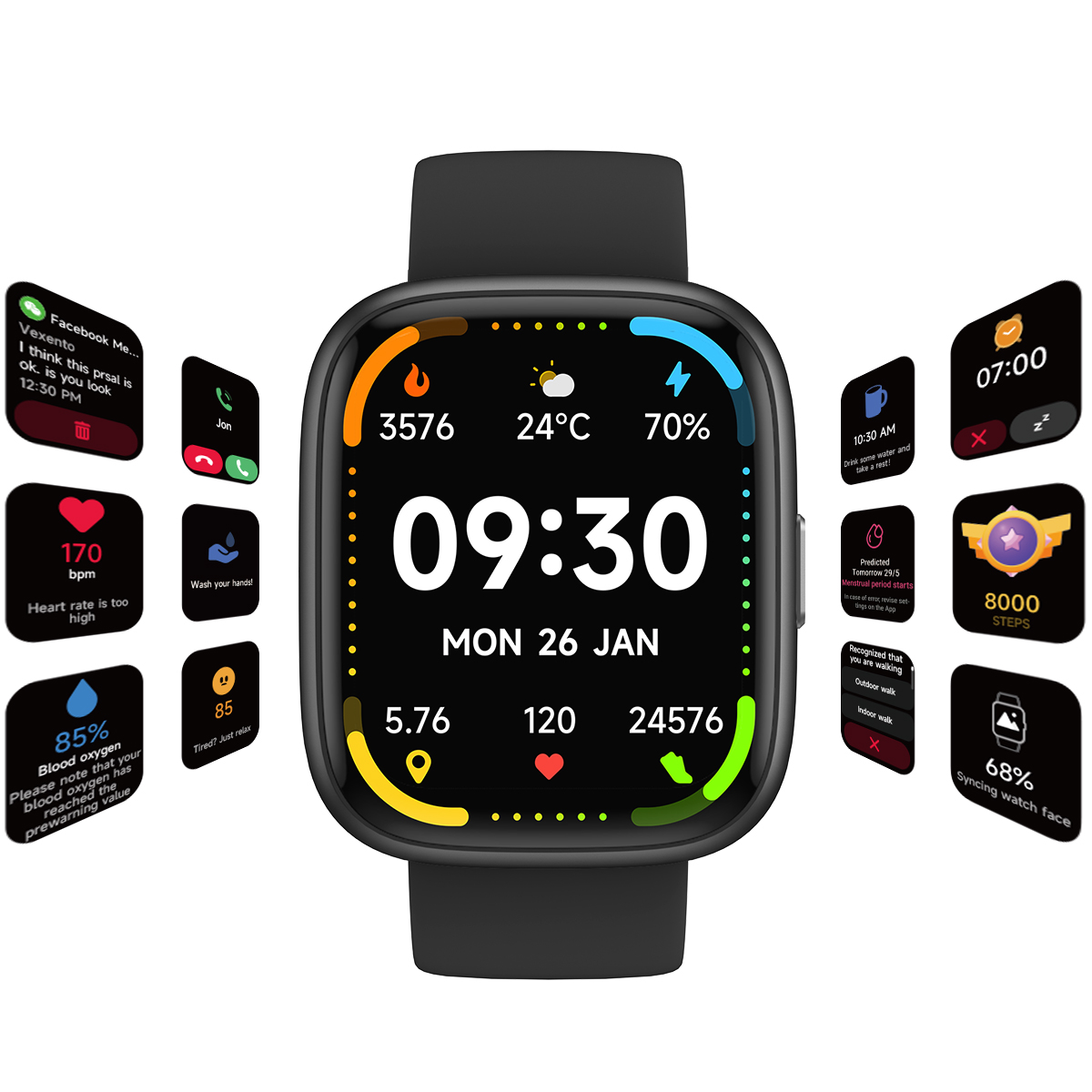 A smartwatch displaying health metrics on its screen. Multiple icons surround it. White background.