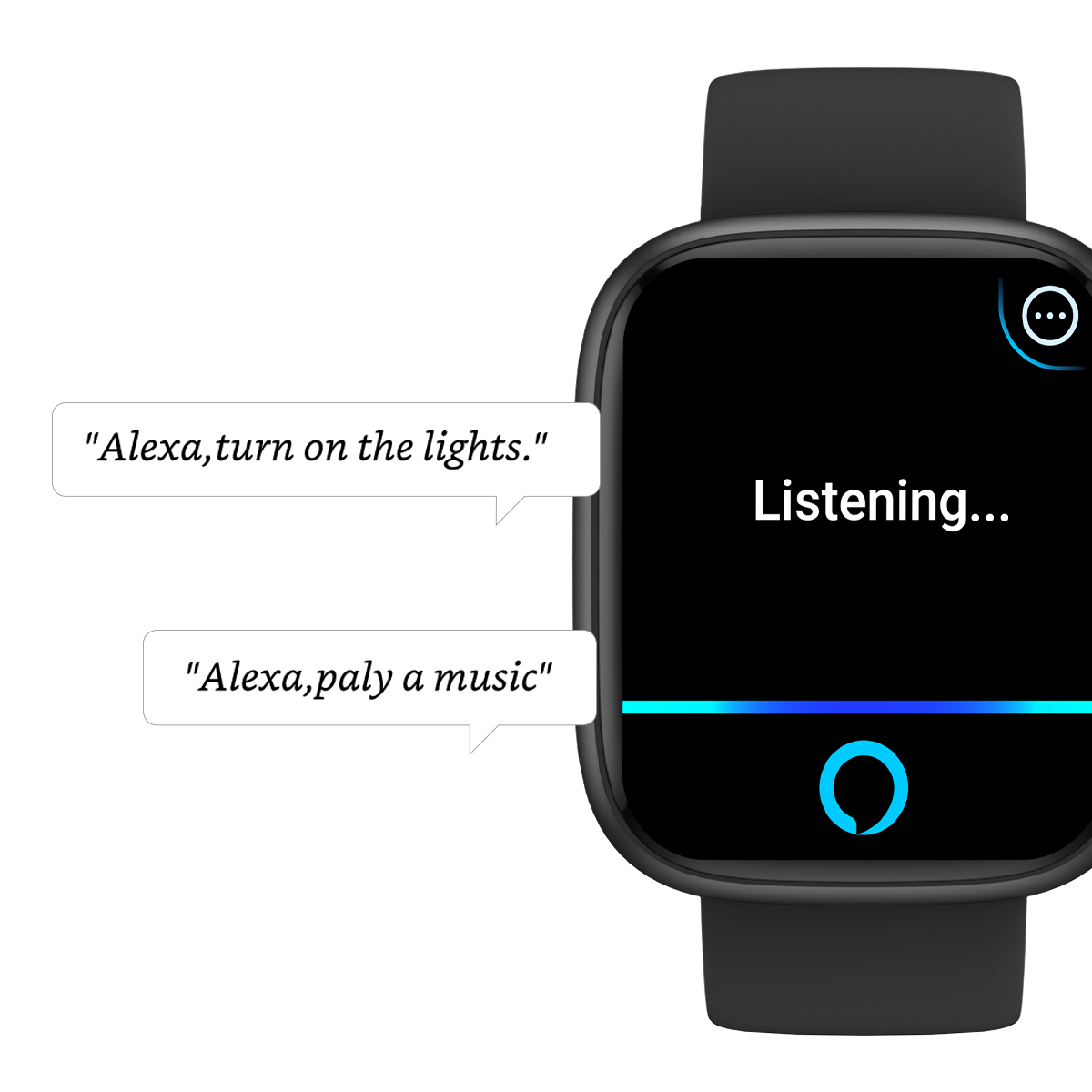 Smartwatch with Alexa voice assistant. Screen displays 'Listening...' and a blue line.