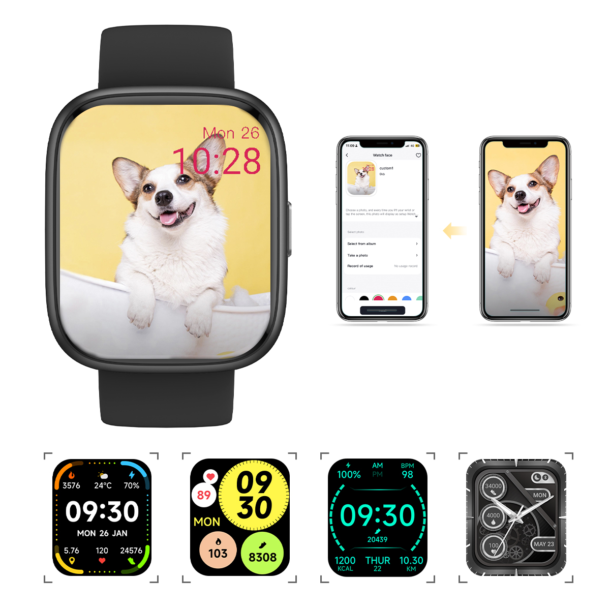 Smartwatch showing a dog image. Displaying various watch faces and a phone screen.