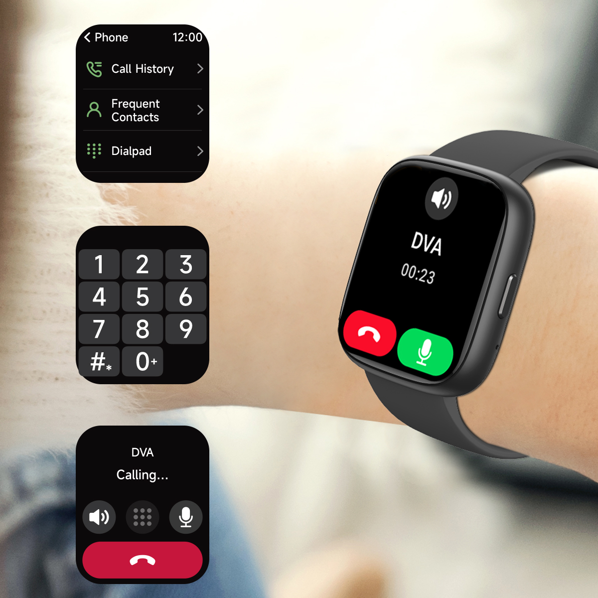 A smartwatch on a wrist, displaying a dialpad, call history, and frequent contacts.
