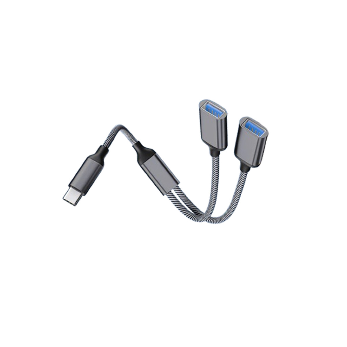 Un cavo da USB-C a doppia USB-A. Il cavo è grigio e nero e le spine sono argentate.