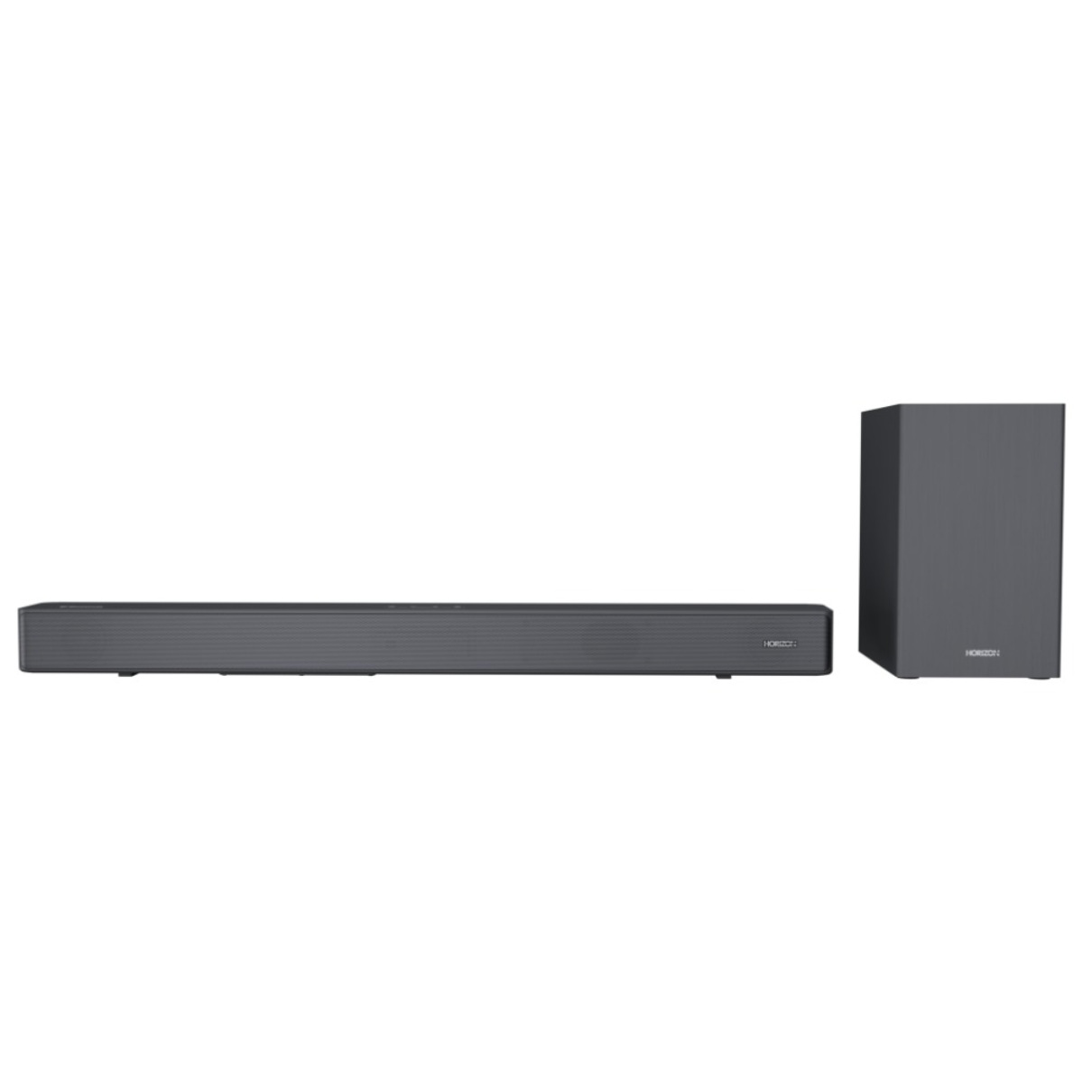 Een donkergrijze soundbar en een subwoofer op een witte achtergrond. De merknaam is zichtbaar.