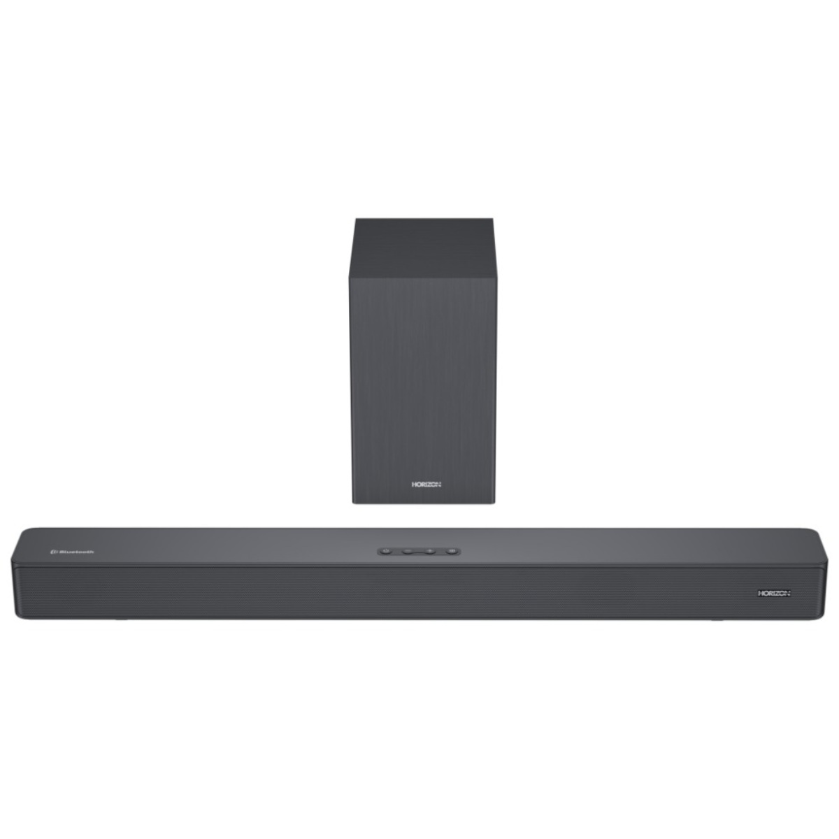 Een zwarte soundbar en subwoofer op een witte achtergrond. Het merk is 'Horizon'.