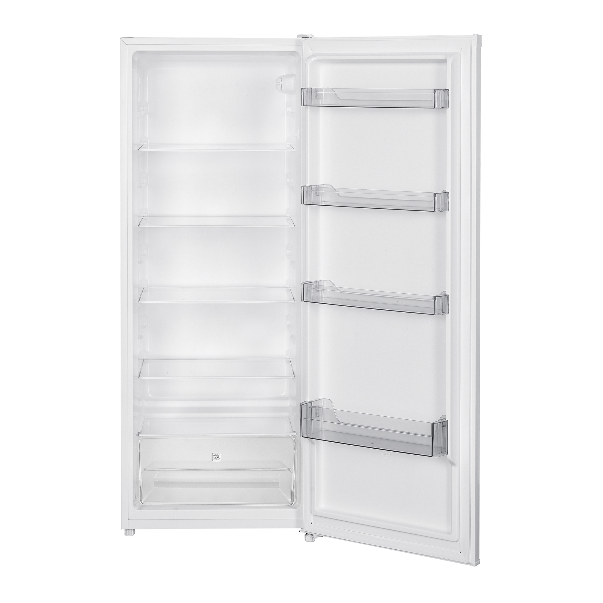 Refrigerador blanco y abierto. Estantes y estantes de puerta visibles.