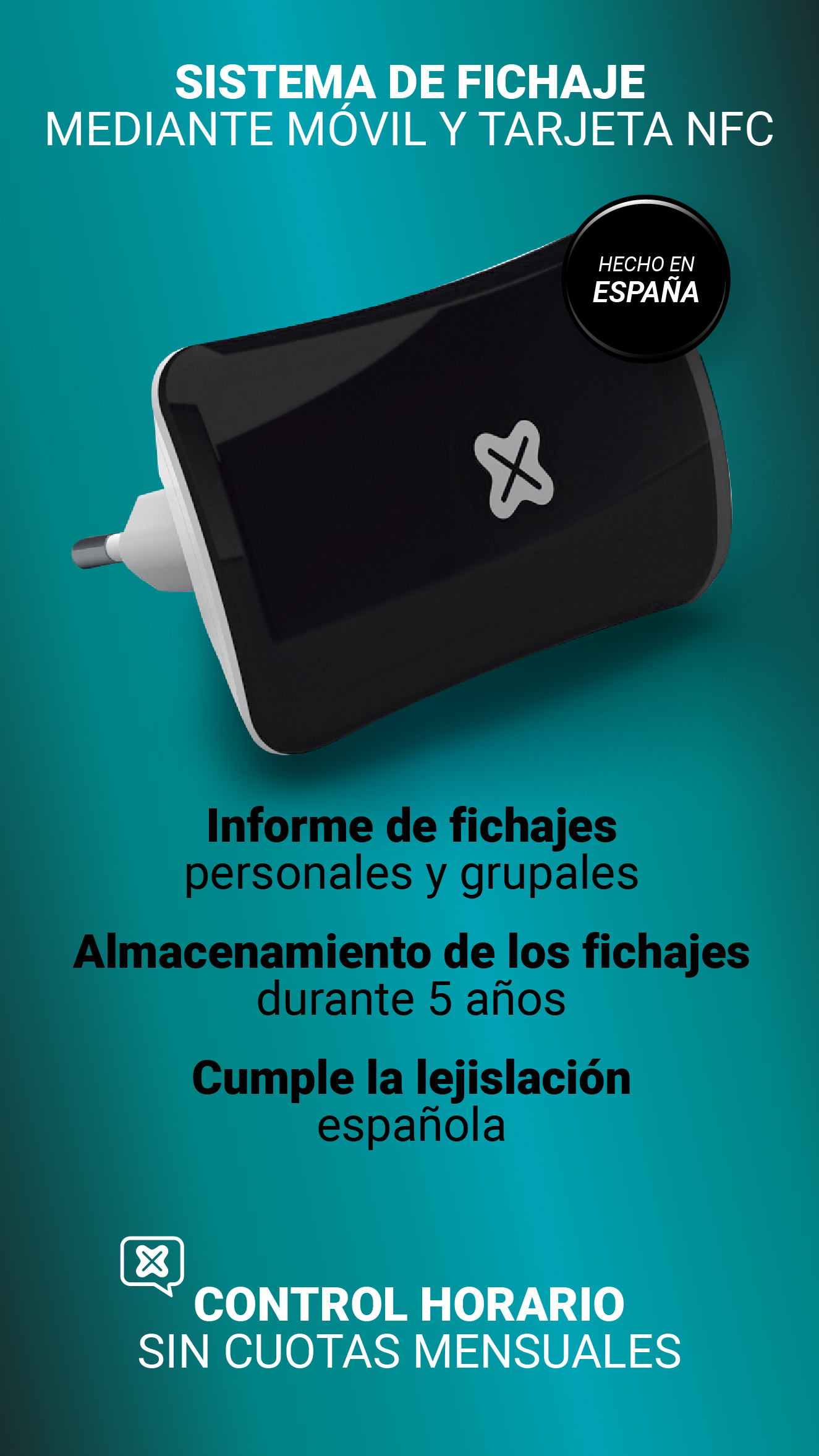 Cargador negro con texto sobre seguimiento de tiempo móvil y uso de tarjeta NFC, hecho en España.