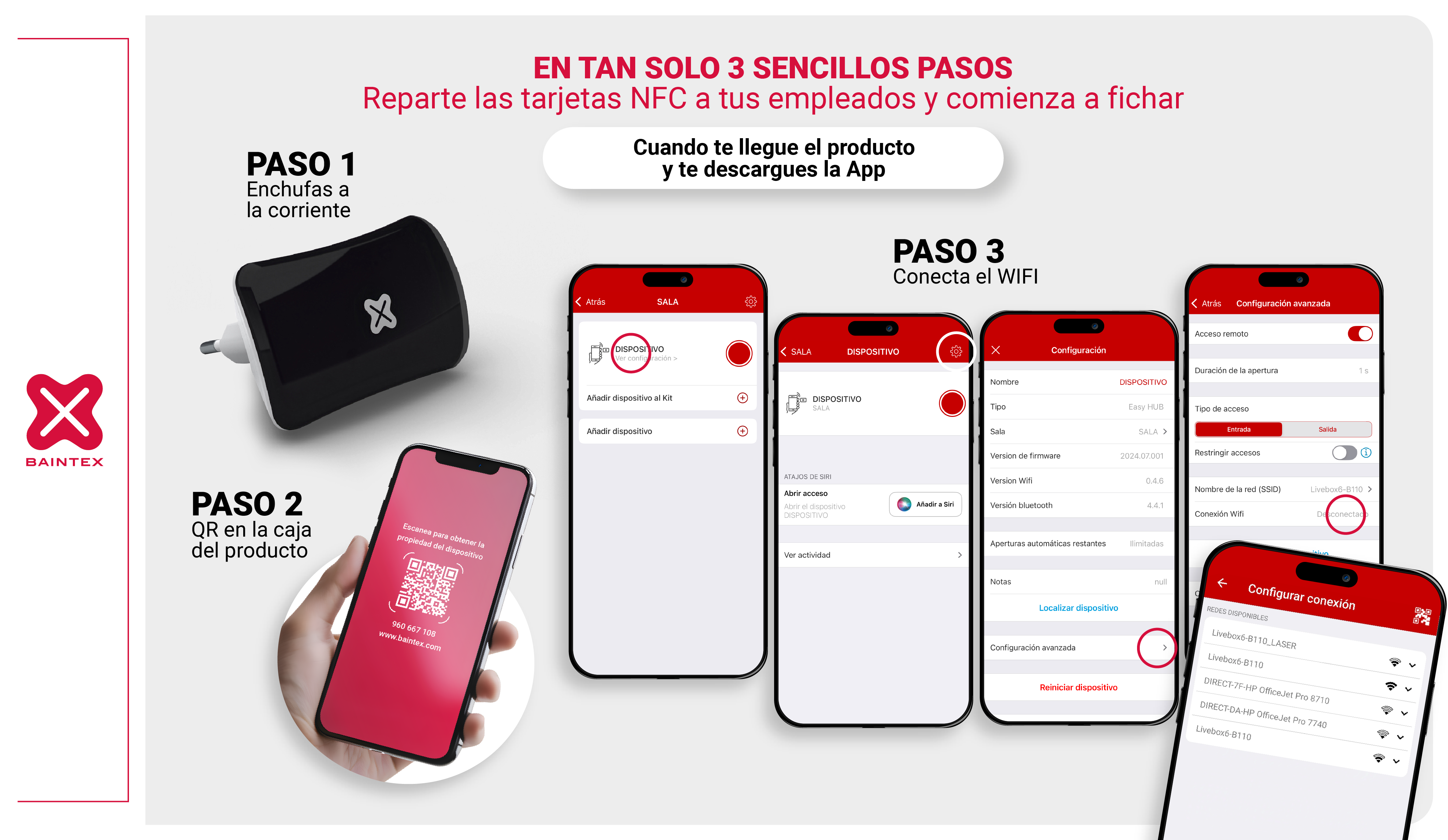 Una infografía sobre cómo configurar un dispositivo. Incluye un dispositivo, pantallas de teléfono e instrucciones.
