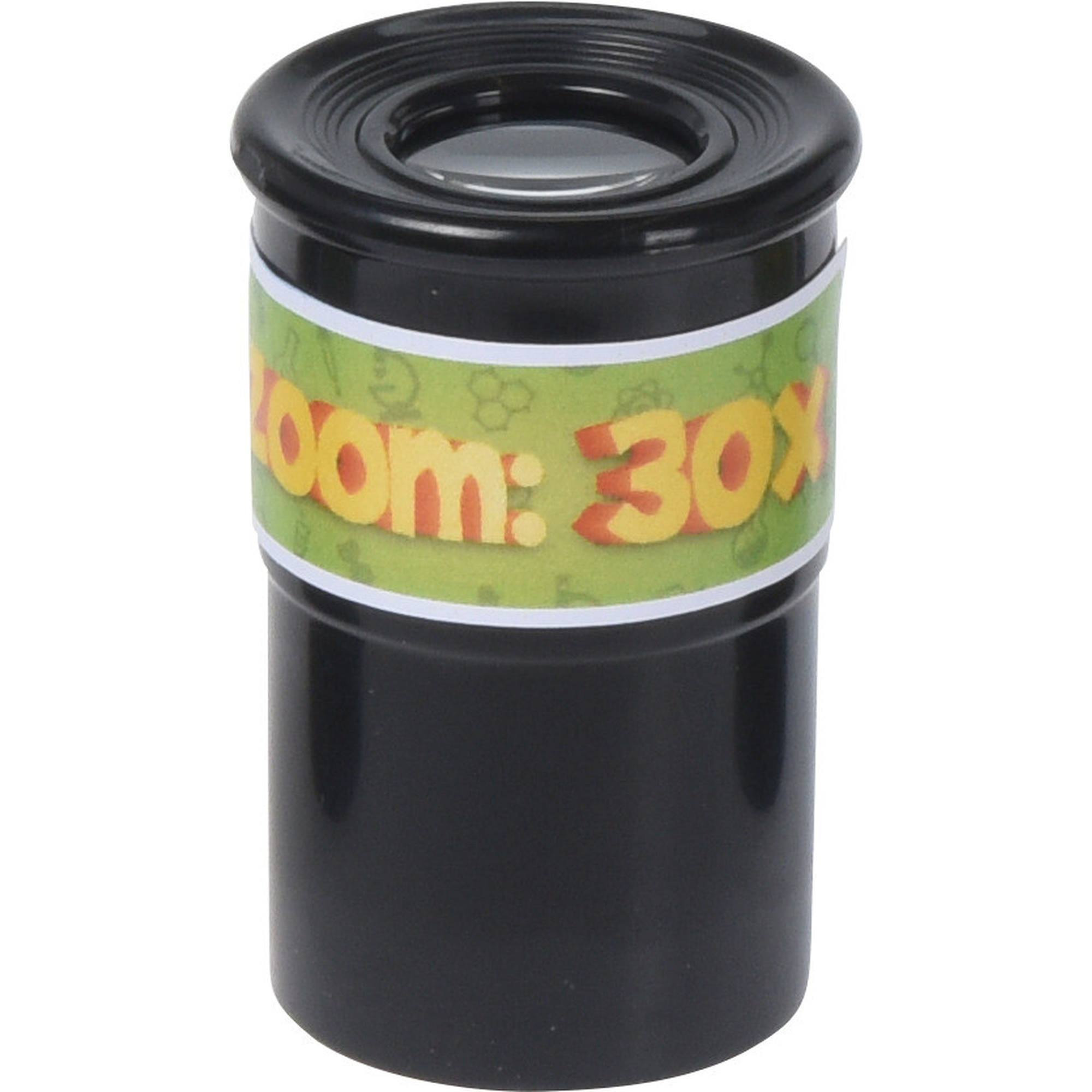 Ocular de telescopio negro con una etiqueta verde y amarilla que dice 'zoom: 30X'.