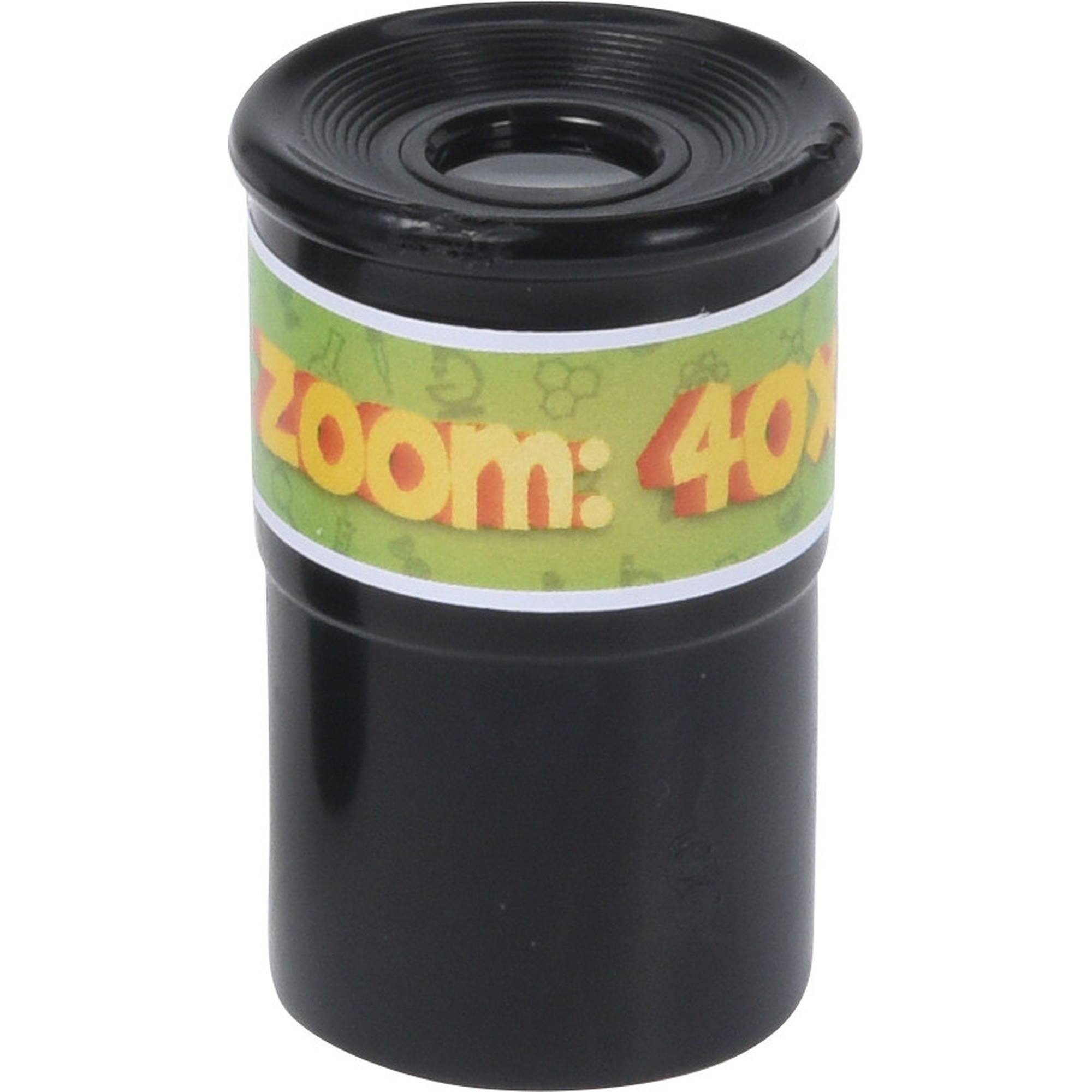 Un ocular de telescopio negro con una etiqueta que dice 'zoom: 40x'. El ocular está sobre fondo blanco.