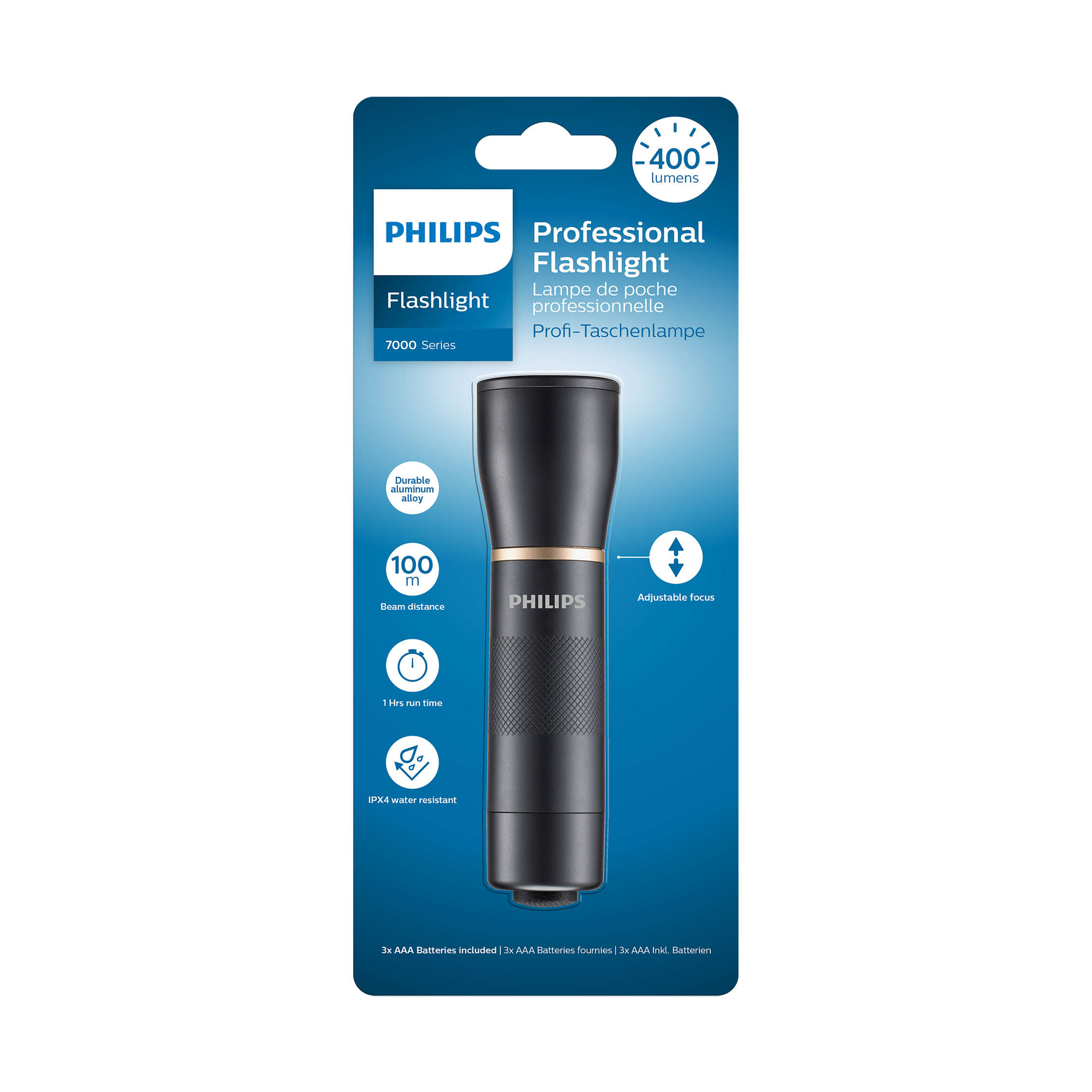 Schwarze Philips-Taschenlampe mit Etikett. Text auf dem Etikett: 'Professional Flashlight', '100 m beam distance'.