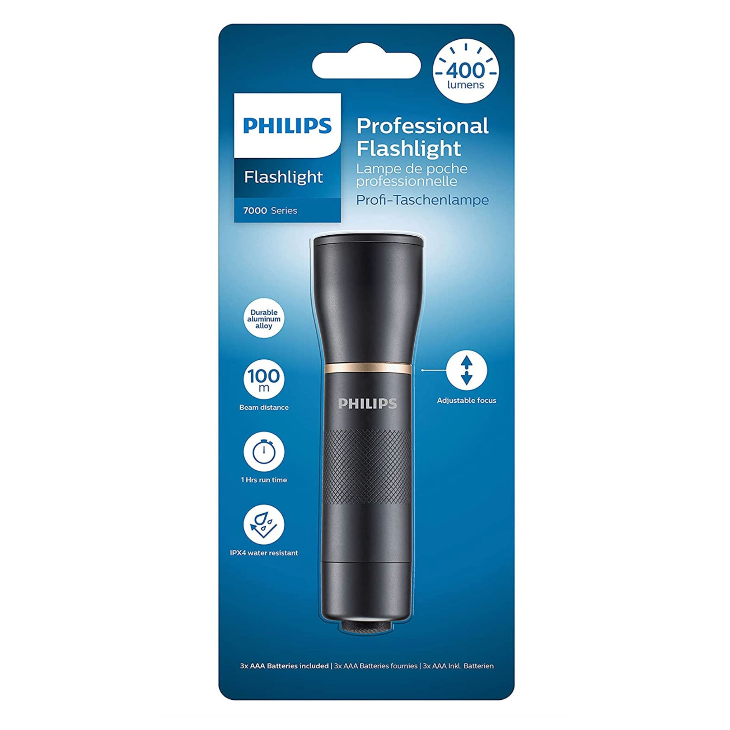 Eine schwarze und silberne Philips-Taschenlampe mit einer blauen Verpackung, die Produktmerkmale und -spezifikationen zeigt.