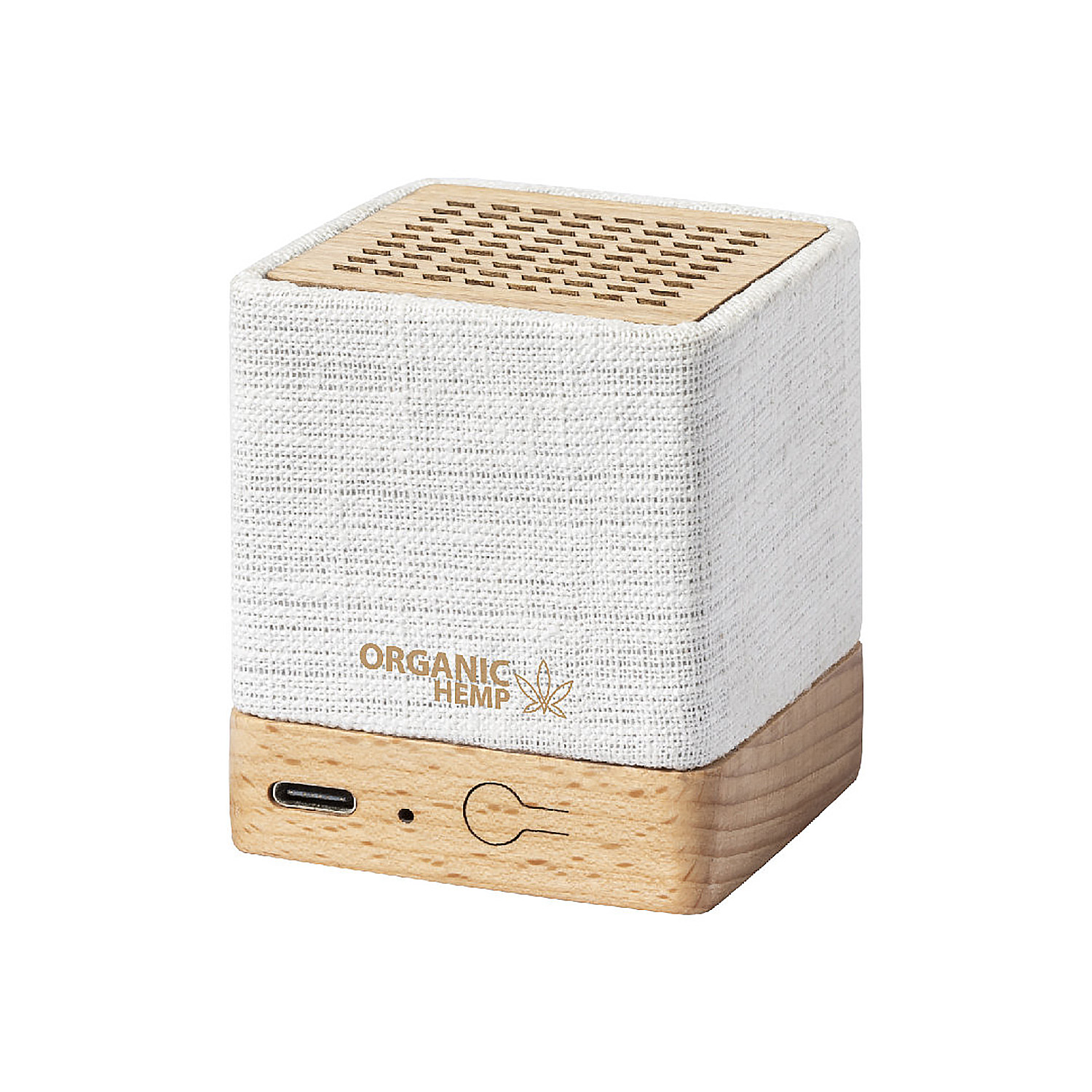 Un altoparlante bianco e in legno con la scritta "ORGANIC HEMP" sul davanti.