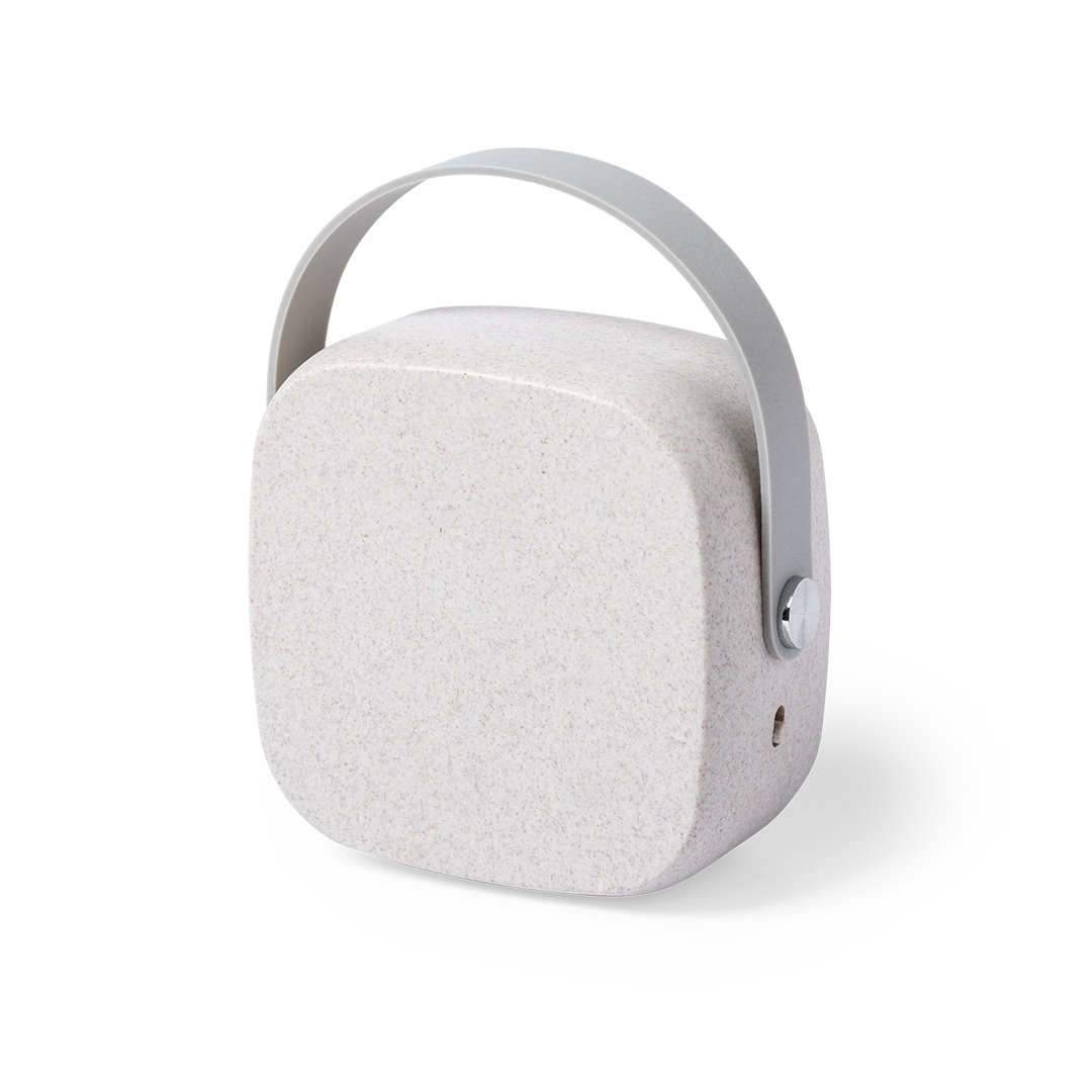 Un altoparlante portatile con manico grigio e corpo beige chiaro.