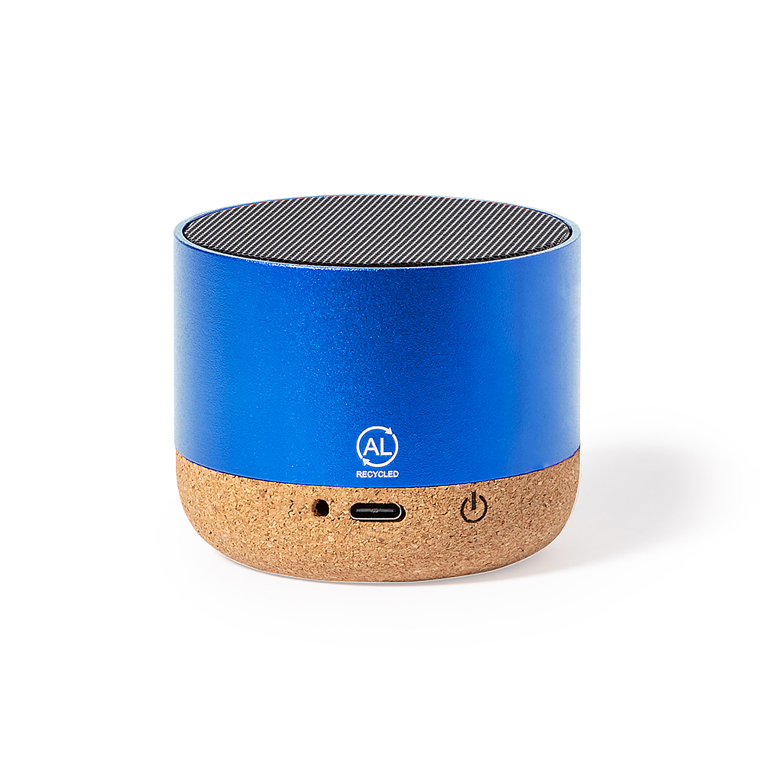 Un piccolo altoparlante blu e marrone con base in sughero e il logo AL RECYCLED.