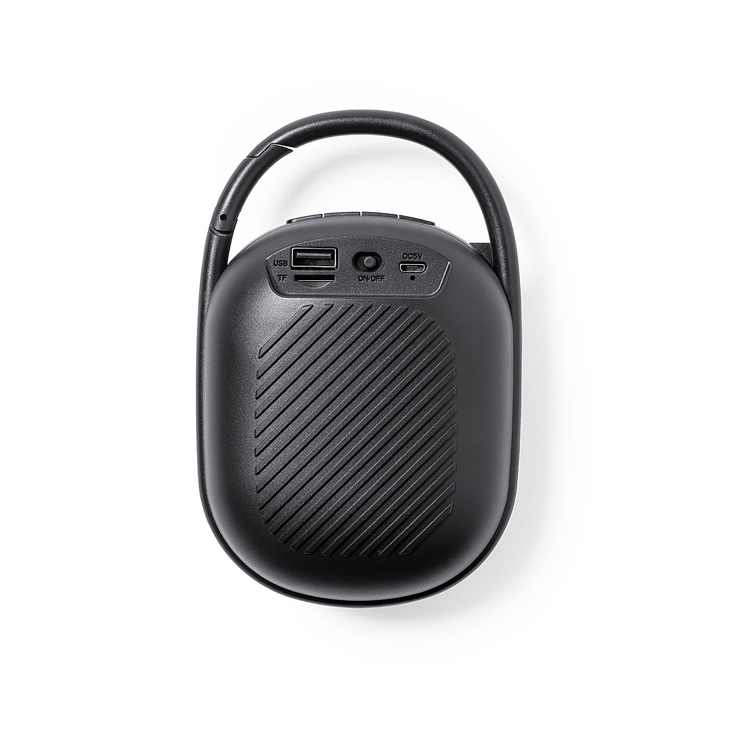 Altoparlante portatile nero con maniglia e porte USB/TF, su sfondo bianco.