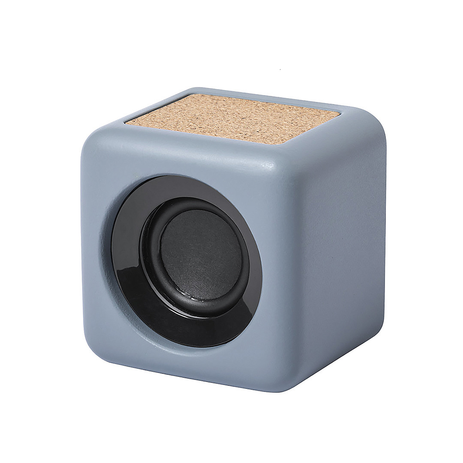 Un altoparlante a forma di cubo in grigio con un piano in sughero e un altoparlante nero. Su sfondo bianco.