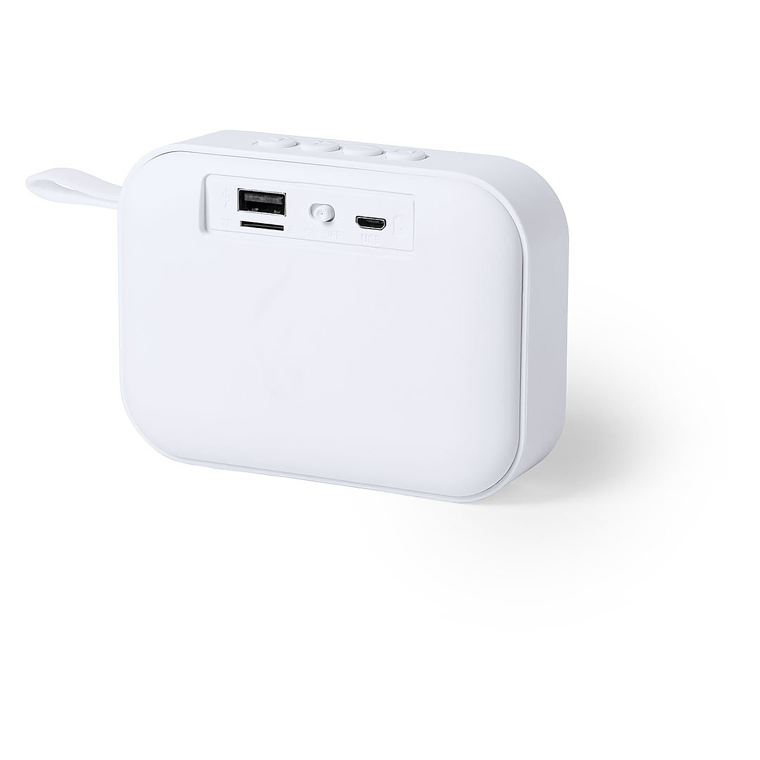 Altoparlante Bluetooth bianco con porte USB e micro-USB. Dotato di un passante per il trasporto.