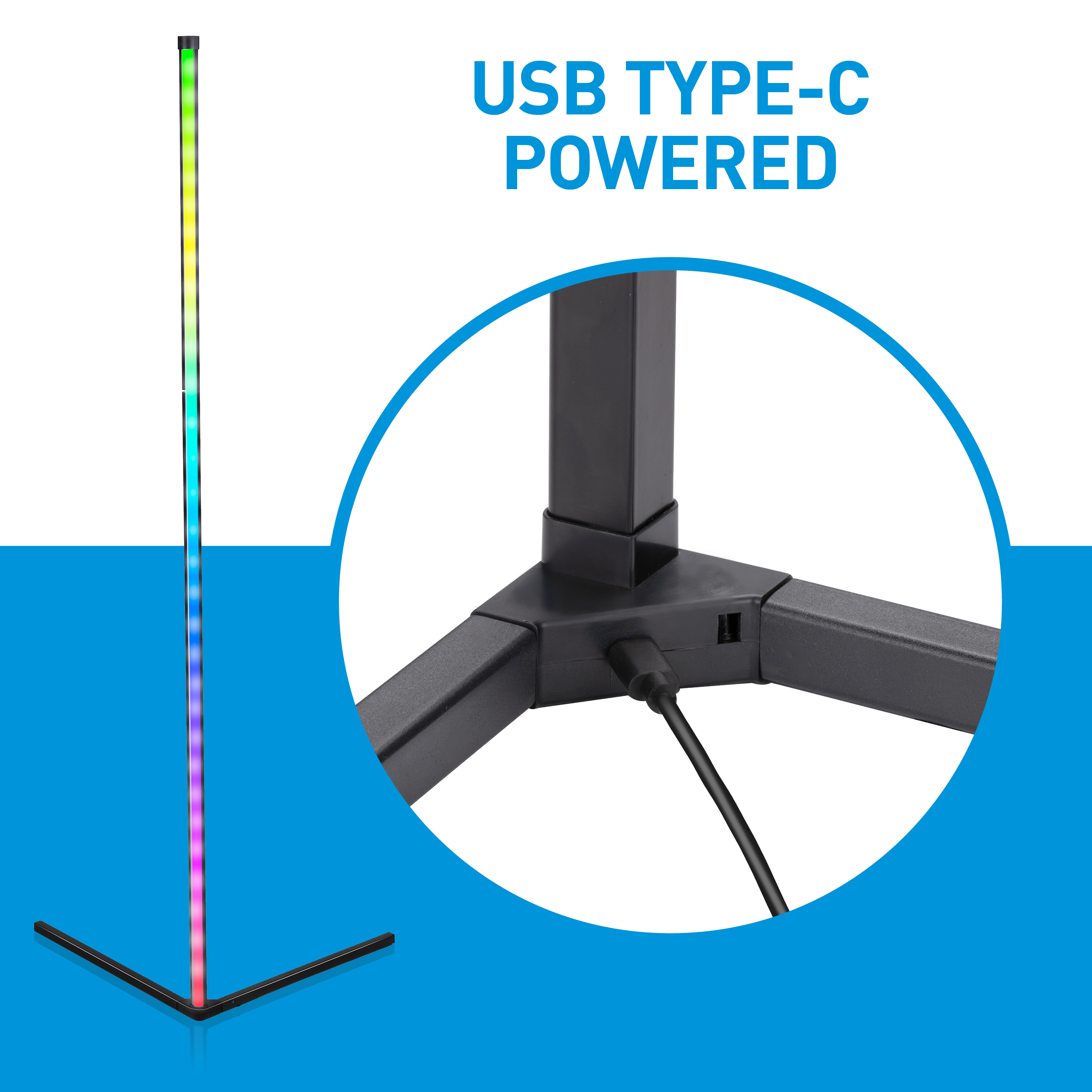 Eine hohe RGB-LED-Ecklampe mit einem USB-Typ-C-Stromanschluss.