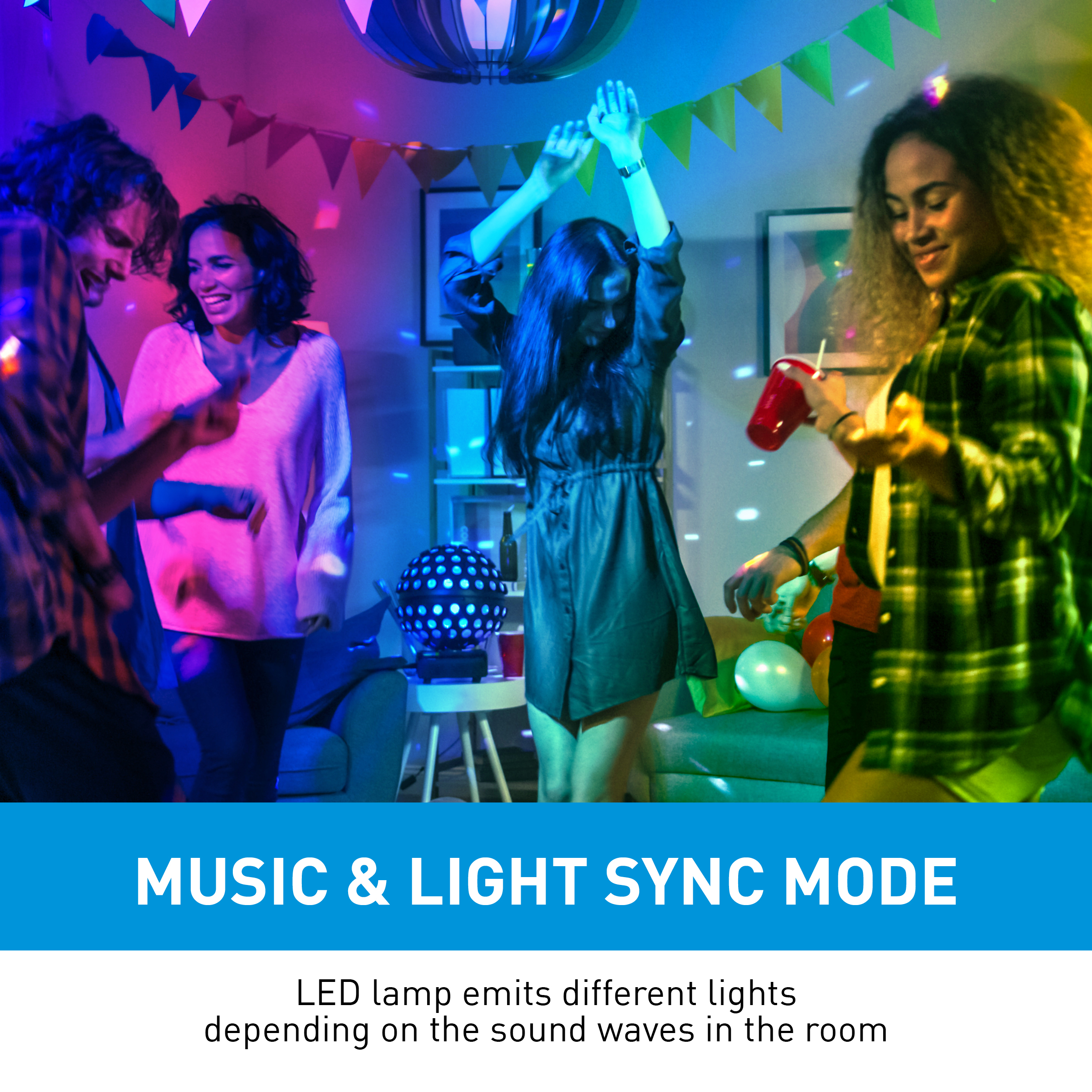 Leute tanzen in einem Raum, der von farbigen Lichtern beleuchtet wird. Text: Musik- & Licht-Sync-Modus.
