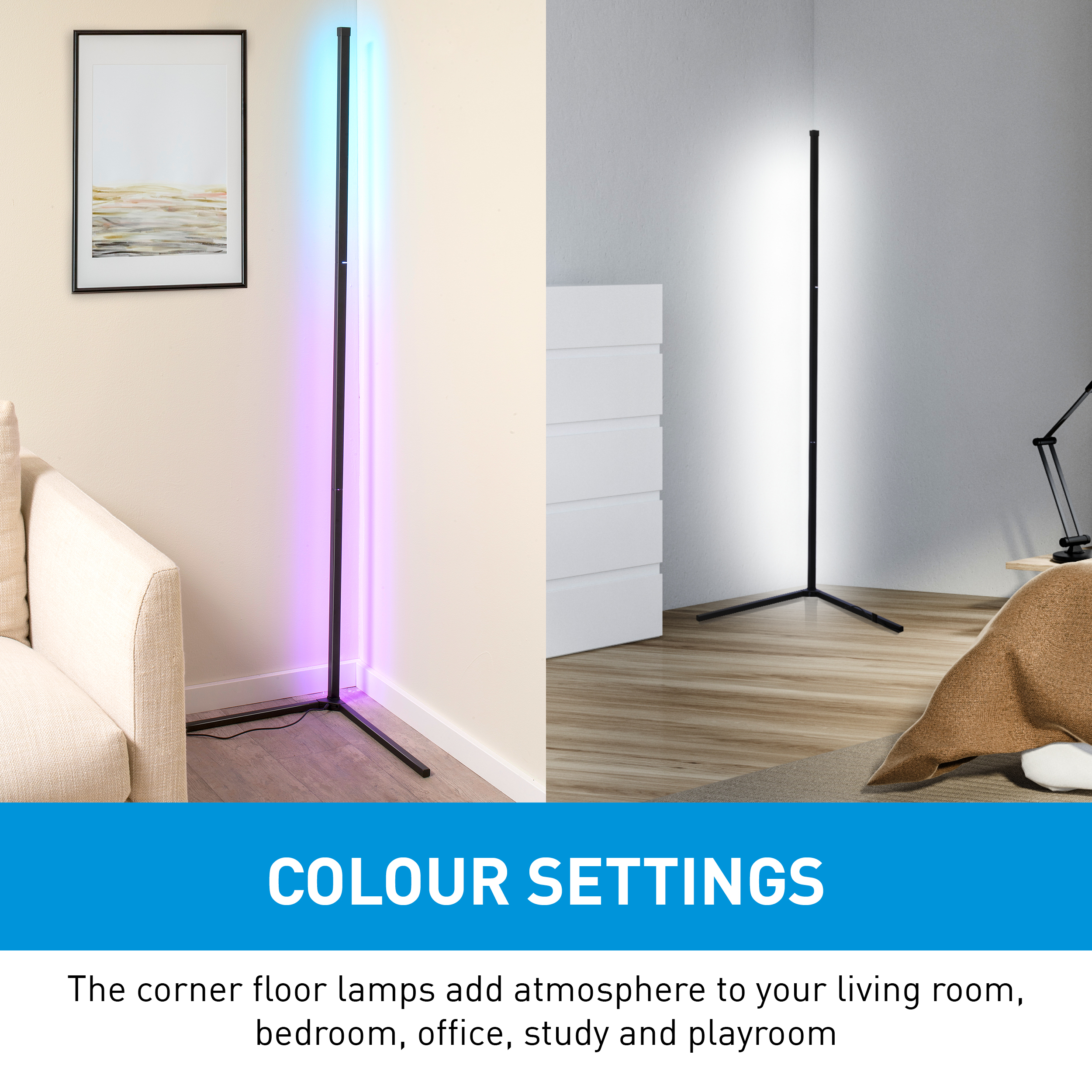 Zwei Stehlampen mit Farbeinstellungen. Eine leuchtet blau/violett, die andere ist an und aus.